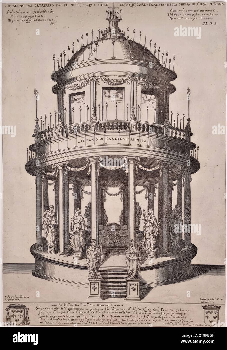 Trauergerüst für Kardinal Alessandro Farnese in der Kirche Il Gesù in Rom am 22. März 1589, 1589, Druckgraphik, Radierung auf Papier, Blatt: 51.9 × 36.1 cm, [o.] 'Ardua sydereum quae surgit ad aethera moles . .. ML.DE.S.'; [u.] 'AL ILL.MO ET ECC.MO SIG.RI DON ODOARDO FARNESE | S'el pio et devotot officio ... In Rome adi 28 di marzo 1589. | Humiliss.mo et fidell.mo Ser.re Nicolo van Aelst de Brusselles Stock Photo