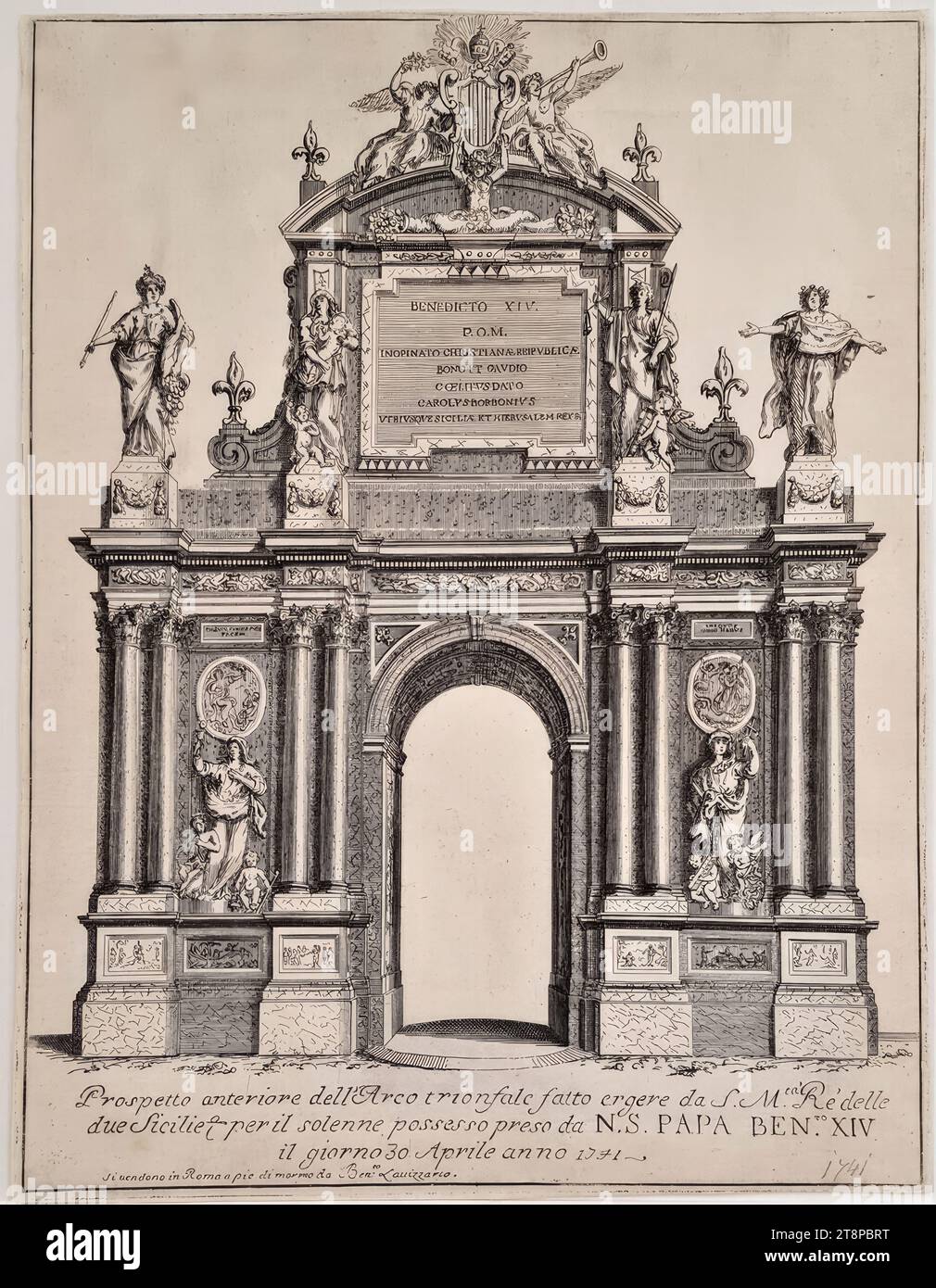 Triumphal arch of the King of the Two Sicilies in Rome on the occasion of the procession for Pope Benedict XIV to take possession of San Giovanni in Laterano on April 30, 1741, 1741, print, etching on paper, sheet: 27.8 × 21.4 cm, [r.u.] 'si vendono in Roma a pie di marmo da Ben.to Lavizzarco Stock Photo