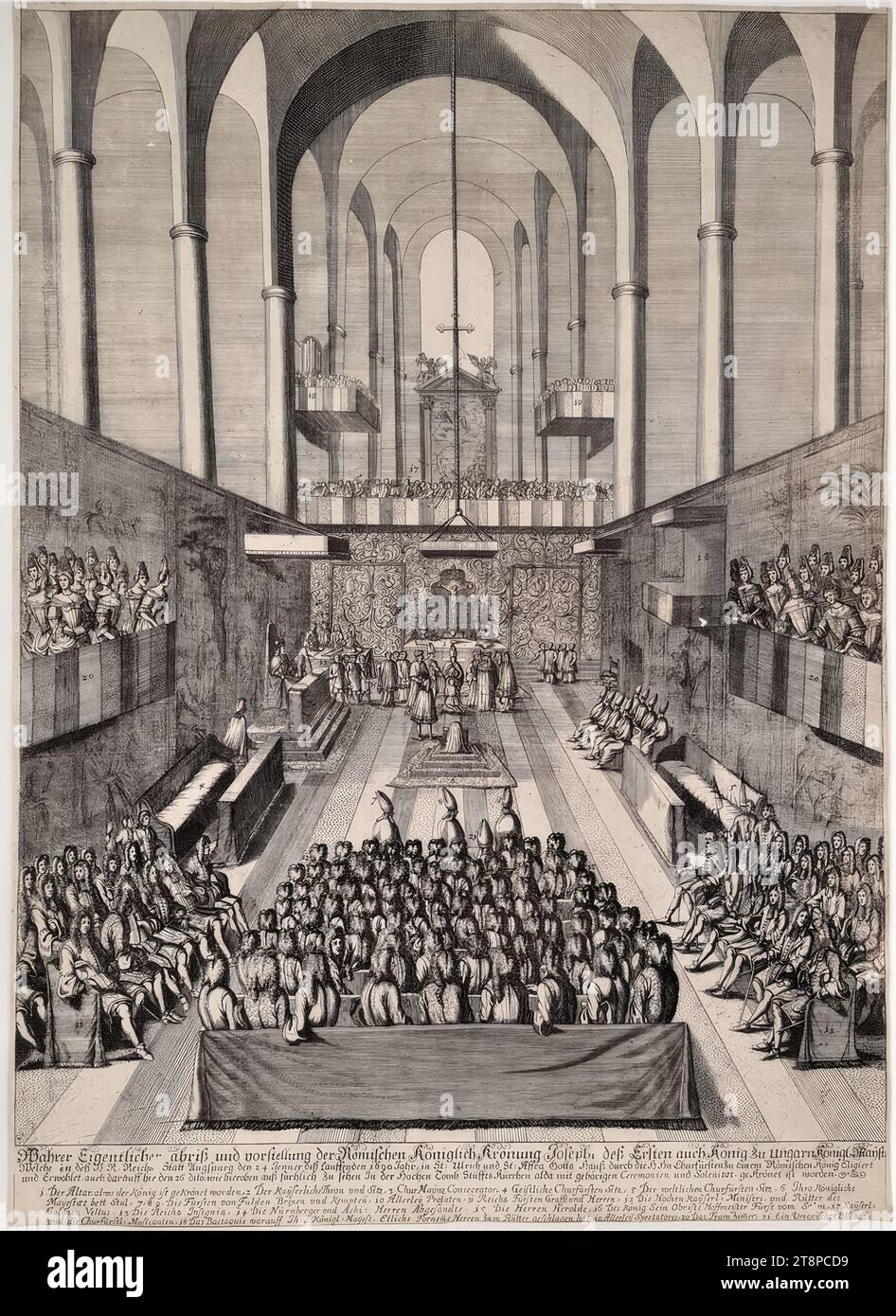 Coronation of Archduke Joseph as Roman King on January 26, 1690 in the Church of St. Ulrich and St. Afra in Augsburg, anonymous, around 1690/95, copper engraving on paper, sheet: 55.4 × 40 cm, [bottom] legend 1-21: '1. The altar [...] 21 A Hungarian bishop Stock Photo