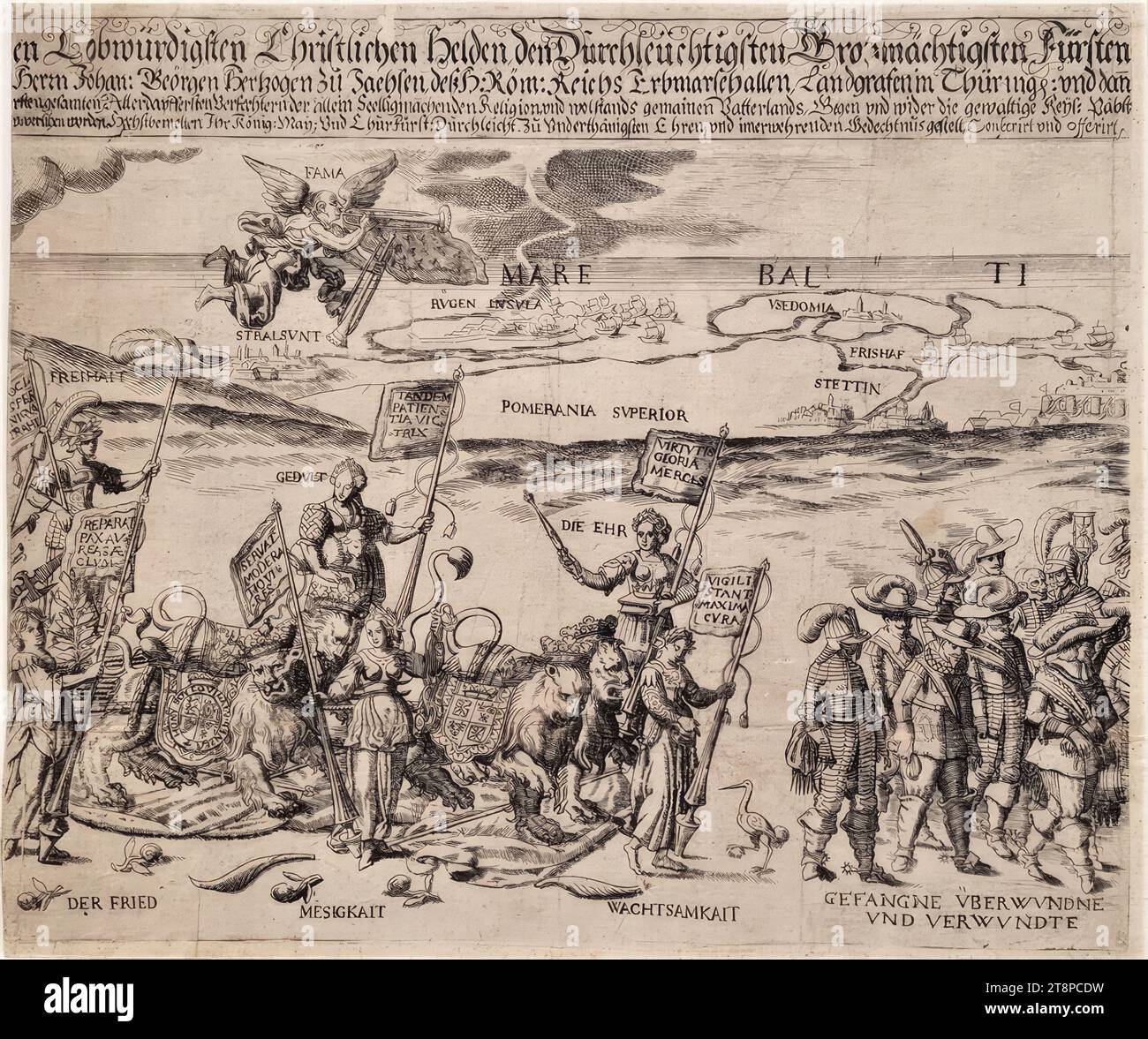 Allegorical triumphal procession of the Swedish King Gustav II Adolf on the occasion of his victory in the Battle of Breitenfeld on September 17, 1631 - Sheet 3, 'Triumph over the magnificent and almost unimaginable Victori, who was commanded by the lord of the hosts, the most praiseworthy Christian heroes, the most translucent, Most Powerful Princes | and gentlemen, Hern Gustvo Adolpho, the Swedes, Goths and Wends king, grand dukes in Fin(n)land So well also Mr. Johan: Geörgen Hertcult of Saxony, Deß H: Rom: Imperial hereditary marshals Stock Photo
