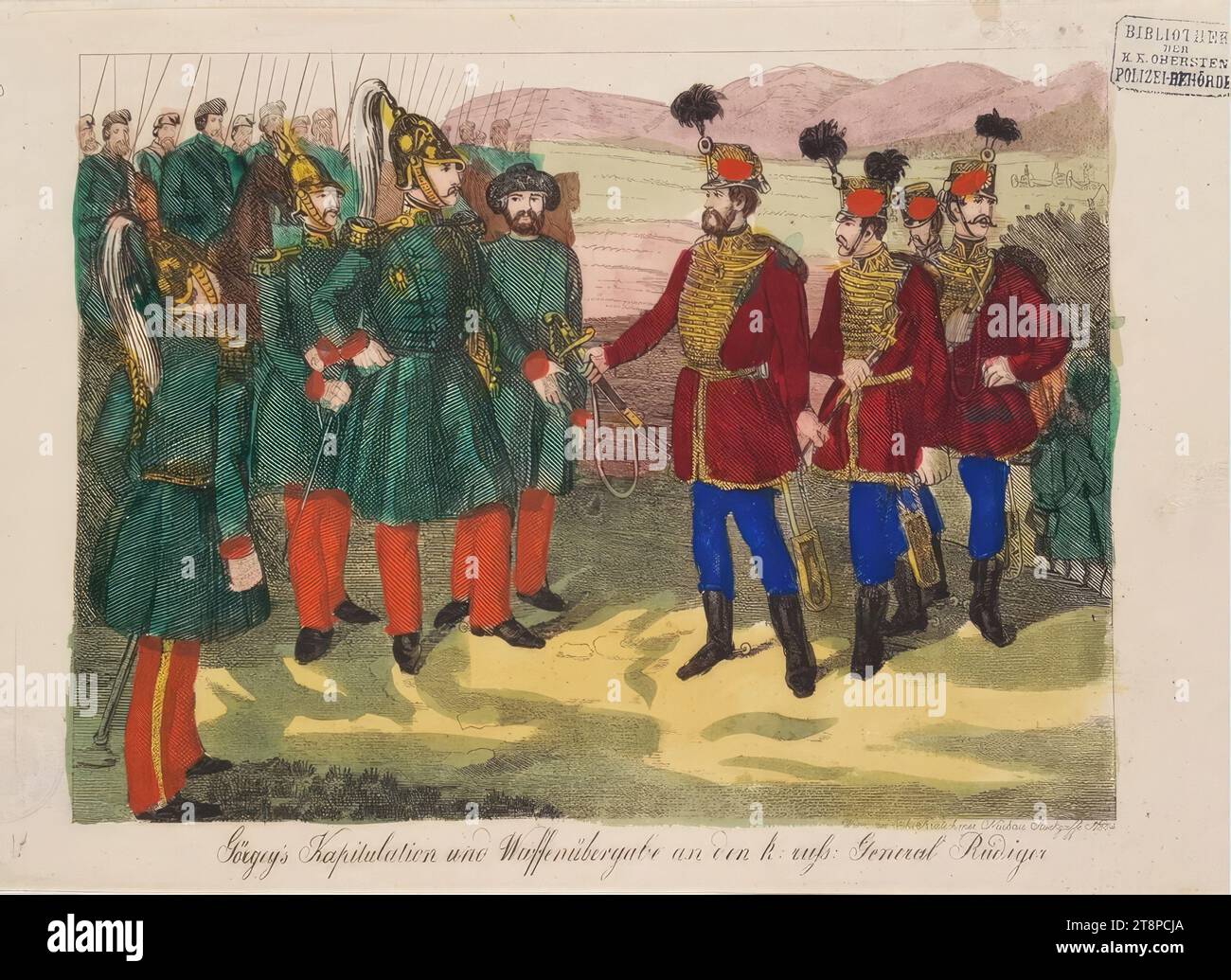 Capitulation of the Hungarian Minister of Insurrectionary War Arthur Györgey near Vilagos on August 13, 1849 to the Russian General Friedrich von Rüdiger, around 1850, print, etching on paper, coloured, sheet: 20.5 × 31.1 cm, long stamp 'BIBLIOTHEK | THE | KK SUPREME | POLICE AUTHORITY' (recto); Round stamp 'LIBRARY DES K.K. MINISTERIAL COUNCIL PRESIDIUMS' (verso Stock Photo