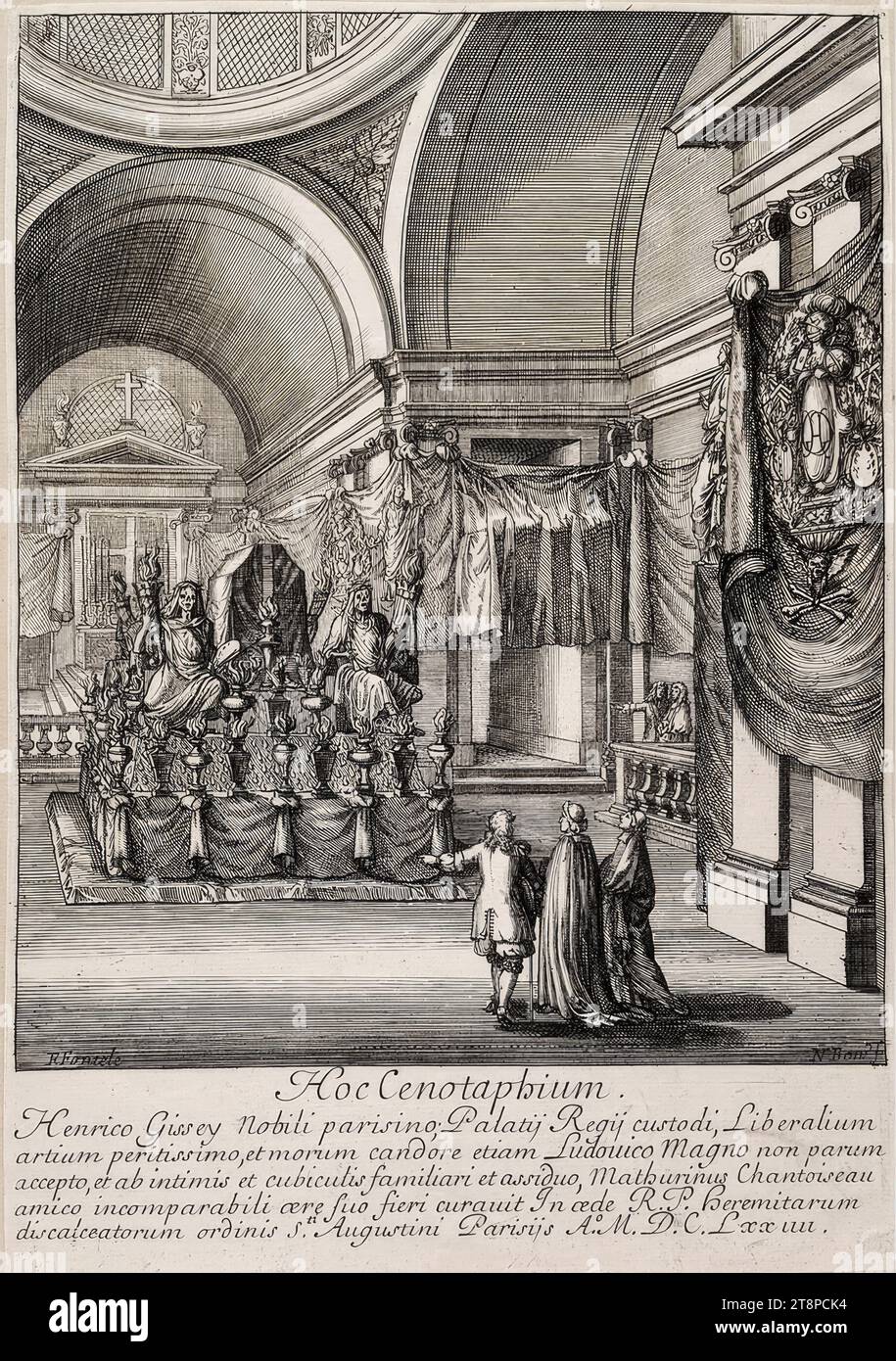 Katafalk und Trauerdekoration für Henri de Gissey in der Augustiner-Kirche Notre-Dame-des-Victoires in Paris 1674, (1674), Druckgraphik, Kupferstich auf Papier, Blatt: 33 × 23 cm, 'Hoc Cenotaphium. | Henry Gissey, a noble Parisian; Guard the Royal Palace, Liberalium | very skilled in the arts, and in the brightness of his manners, not a little to Louis the Great having received it, and from the intimates and rooms of the familiar and constant Stock Photo
