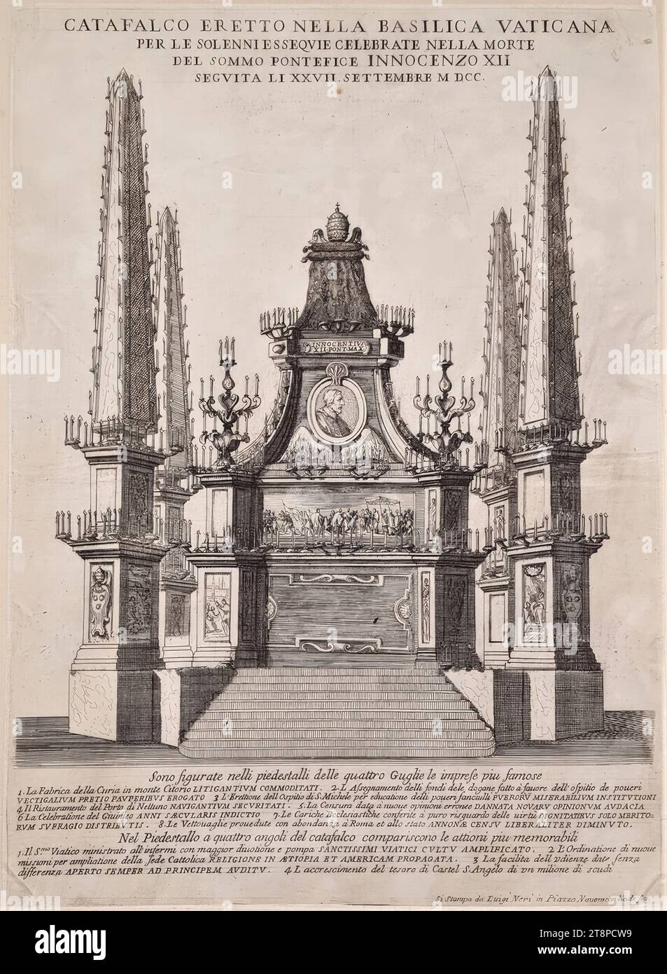 Trauergerüst für Papst Innozenz XII. in St. Peter in Rom am 6. Oktober 1700, Anonym, (1700), Radierung auf Papier, Blatt: 35.6 × 25.8 cm, [u.] 'The most famous companies are depicted on the pedestals of the four Spiers | ... ANNONAE CENSU LIBERALITER DIMINUTO.'; [u.] 'The most memorable actions appear on the four-cornered pedestal of the catafalque | ... of a million scudi Stock Photo