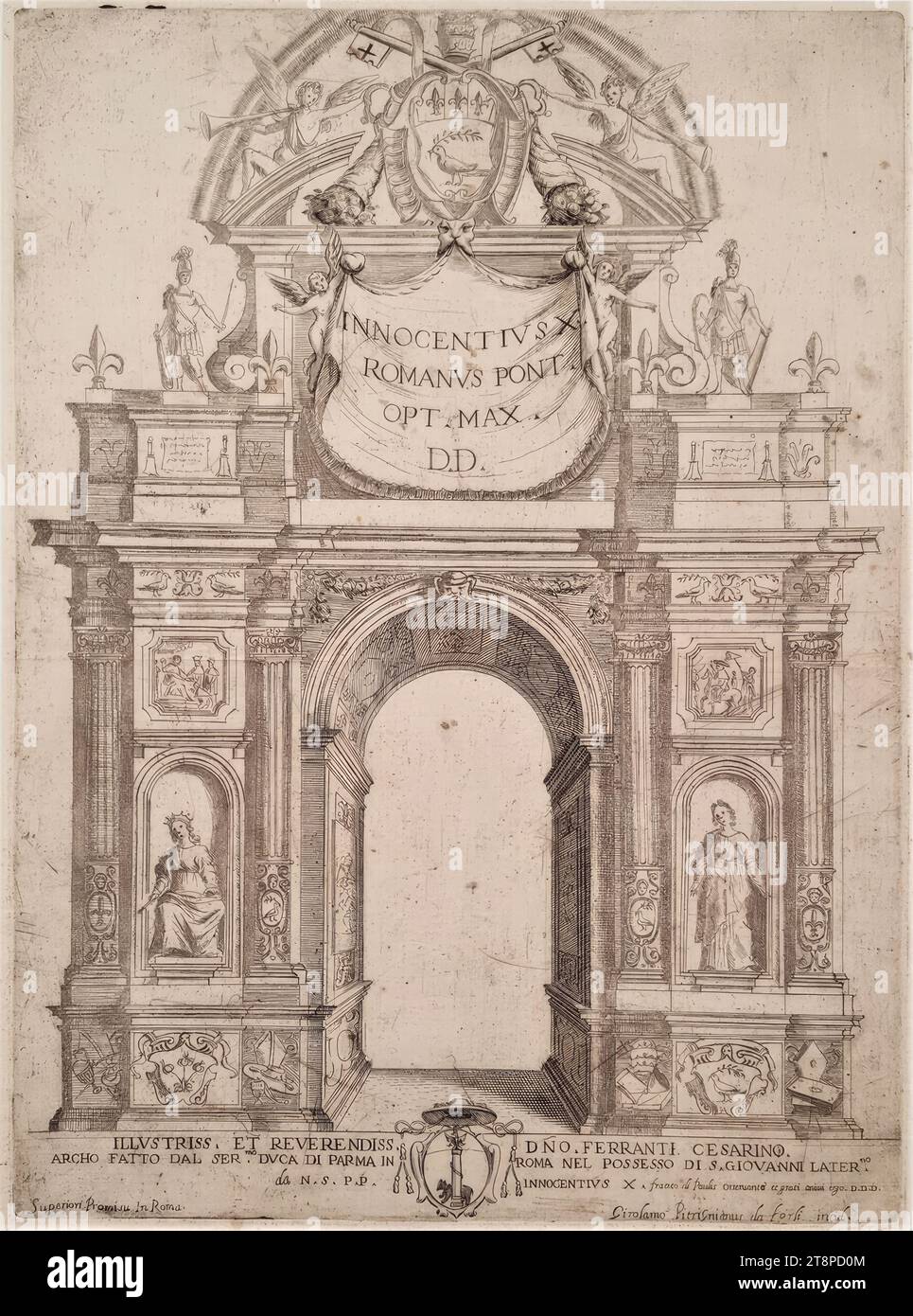 Triumphbogen des Hauses Farnese (Parma) anläßlich der Prozession zur Inbesitznahme von San Giovanni in Laterano durch Papst Innozenz X. am 23. November 1644, (1644), Radierung auf Papier, Blatt: 38.7 × 28.7 cm Stock Photo