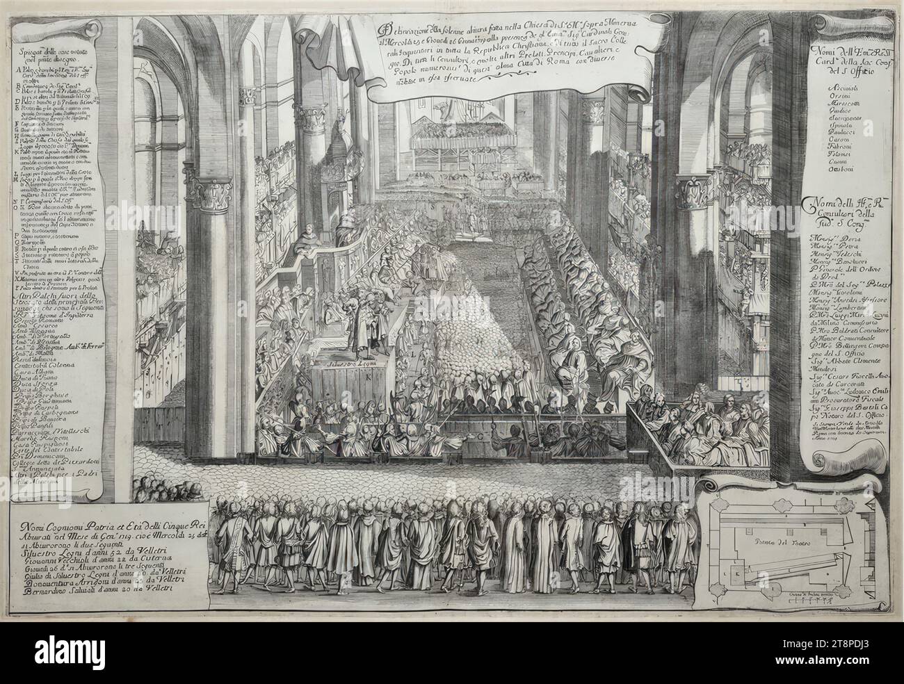 Solemn abjuration by Silvestro Legni and Giovanni Vecchioli before the General Inquisitor in the church of Santa Maria sopra Minerva in Rome on January 25, 1719, (1719), print, etching on paper, sheet: 40.9 × 59.8 cm Stock Photo