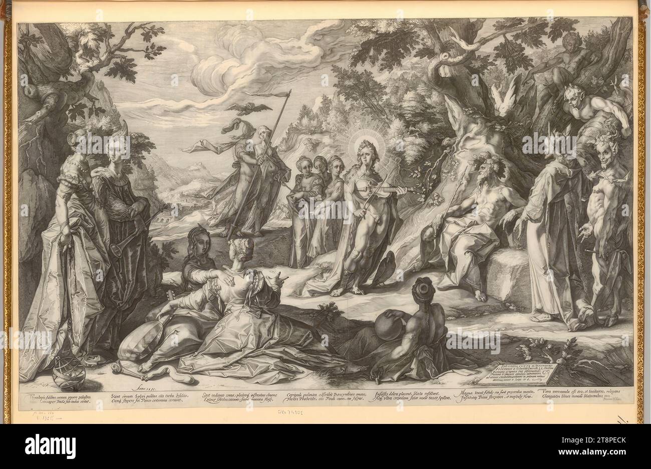 Apollo's contest with Pan, 1590, print, copperplate engraving Stock Photo