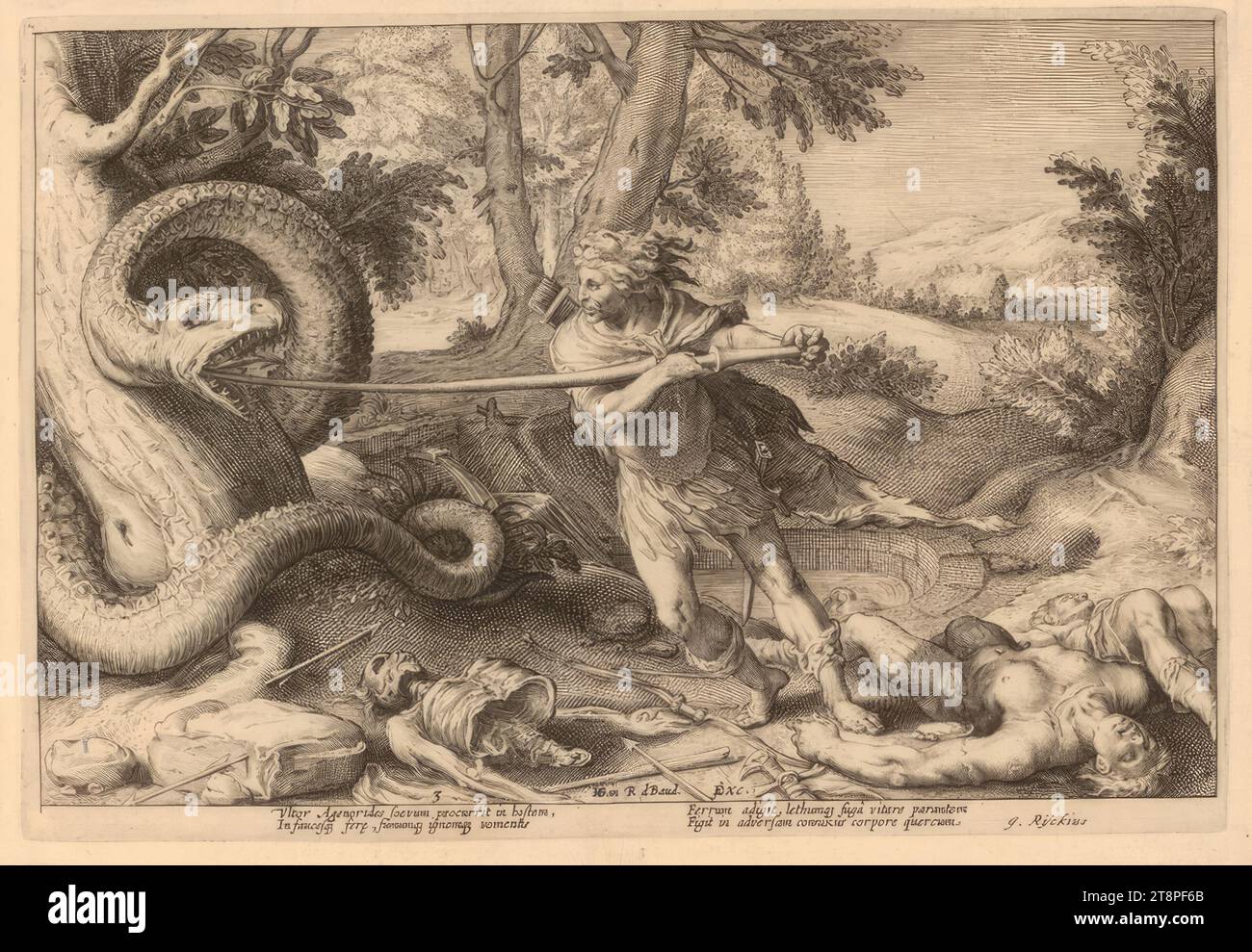 Cadmus kills the dragon, Ovid's Metamorphoses, Hendrick Goltzius (workshop), 1615, print, copper engraving, l.l. '3 Stock Photo