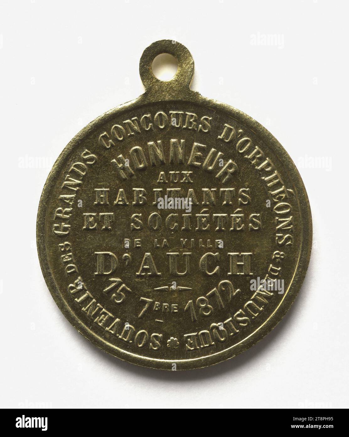 Great contest of orphéons and music in Auch, September 15, 1872, Array, Numismatic, Medal, Copper, Gilt = gilding, Dimensions - Work: Diameter: 2.3 cm, Weight (type dimension): 4.28 g Stock Photo