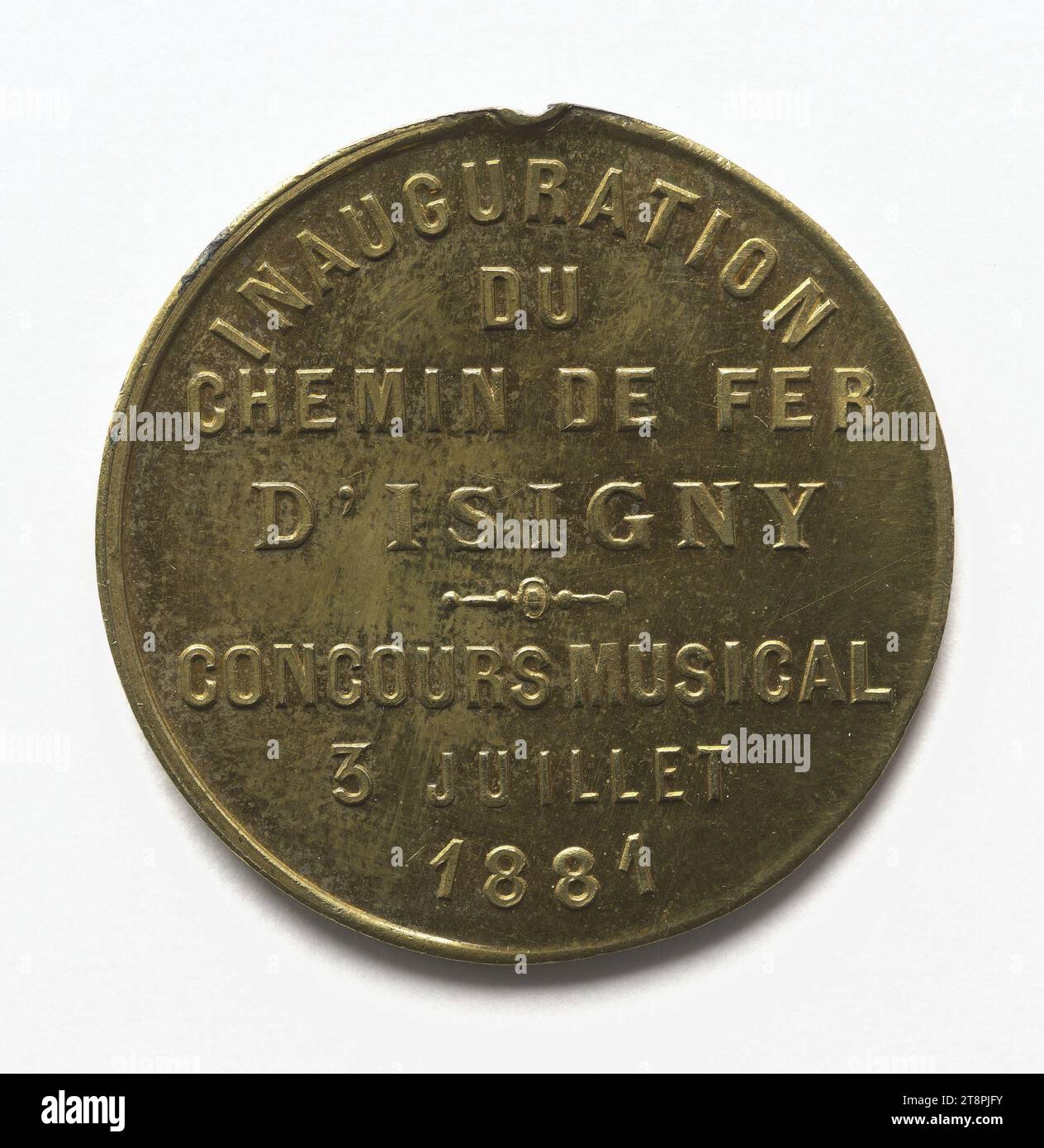 Inauguration of the railway of Isigny and musical contest, July 3, 1881, Array, Numismatic, Medal, Copper, Gilt = gilding, Dimensions - Work: Diameter: 3 cm, Weight (type dimension): 6.92 g Stock Photo