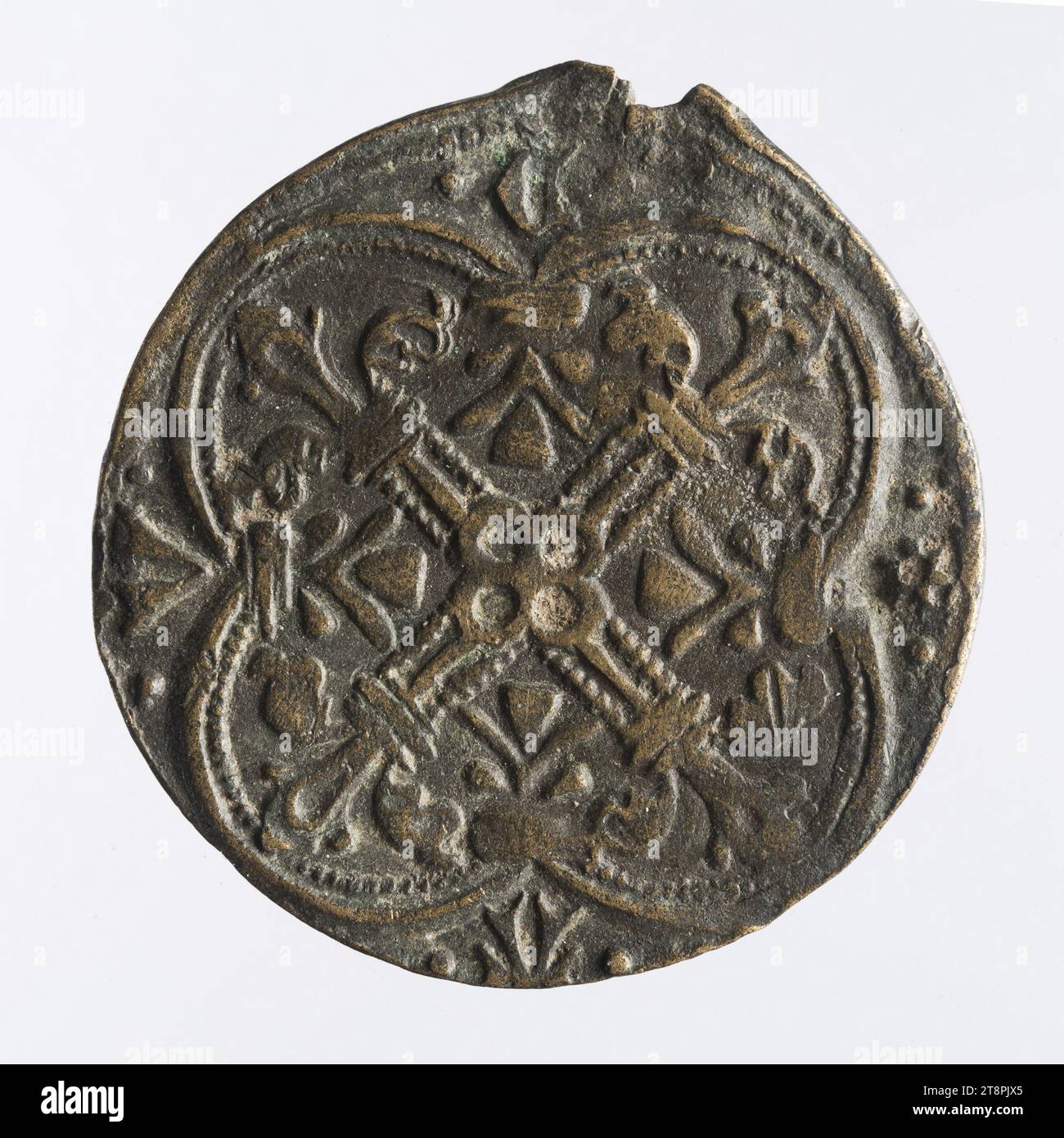 Counting token with fleurdelys shield and cross, 13th15th century