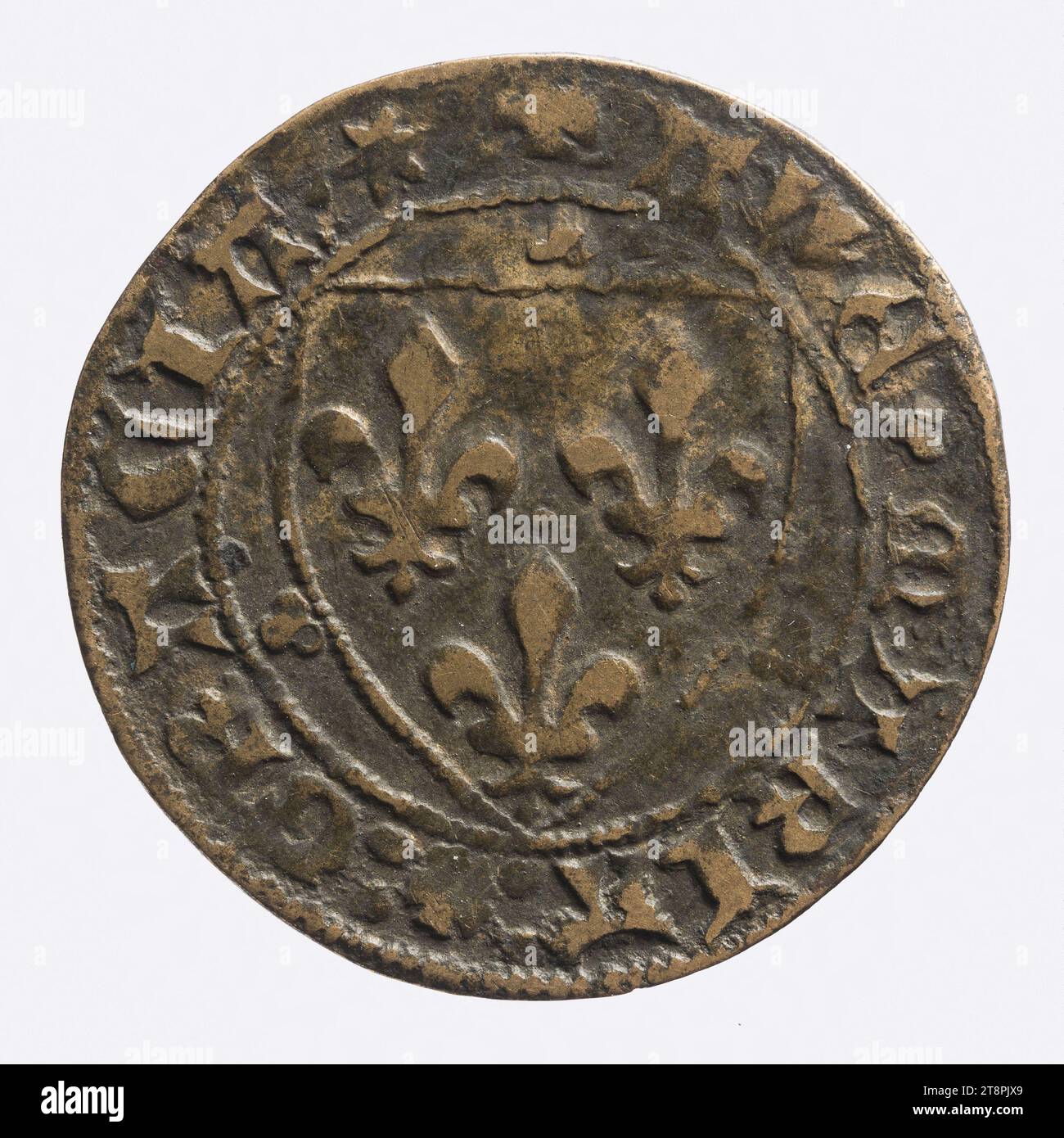 Counting token with fleurdelys shield and cross, 13th15th century
