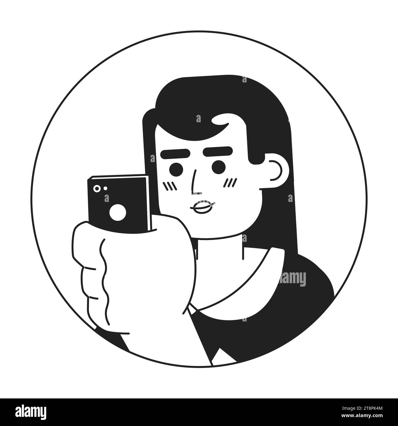Smartphone woman asian-american black and white 2D vector avatar illustration Stock Vector
