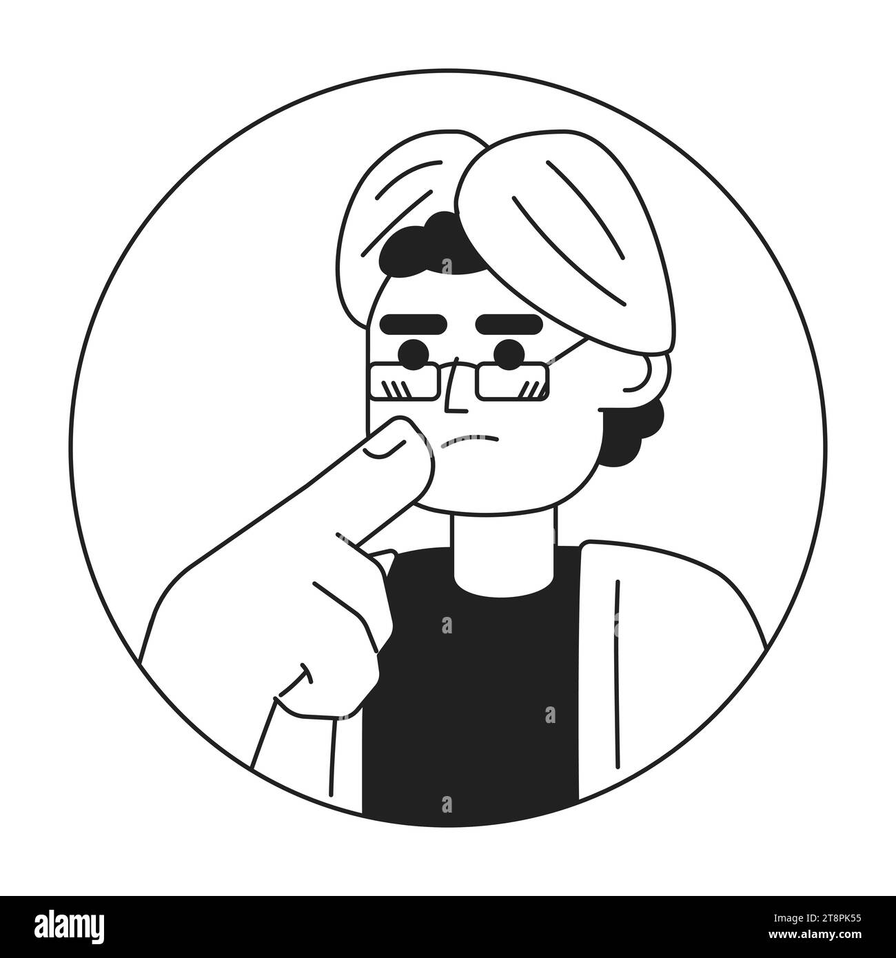 Eyeglasses turban man touching chin black and white 2D vector avatar illustration Stock Vector