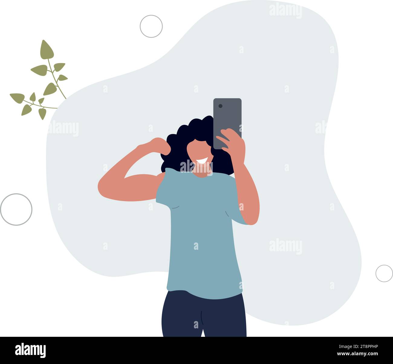 girl after training takes a selfie, healthy lifestyle and fitness conceptflat vector illustration. Stock Vector