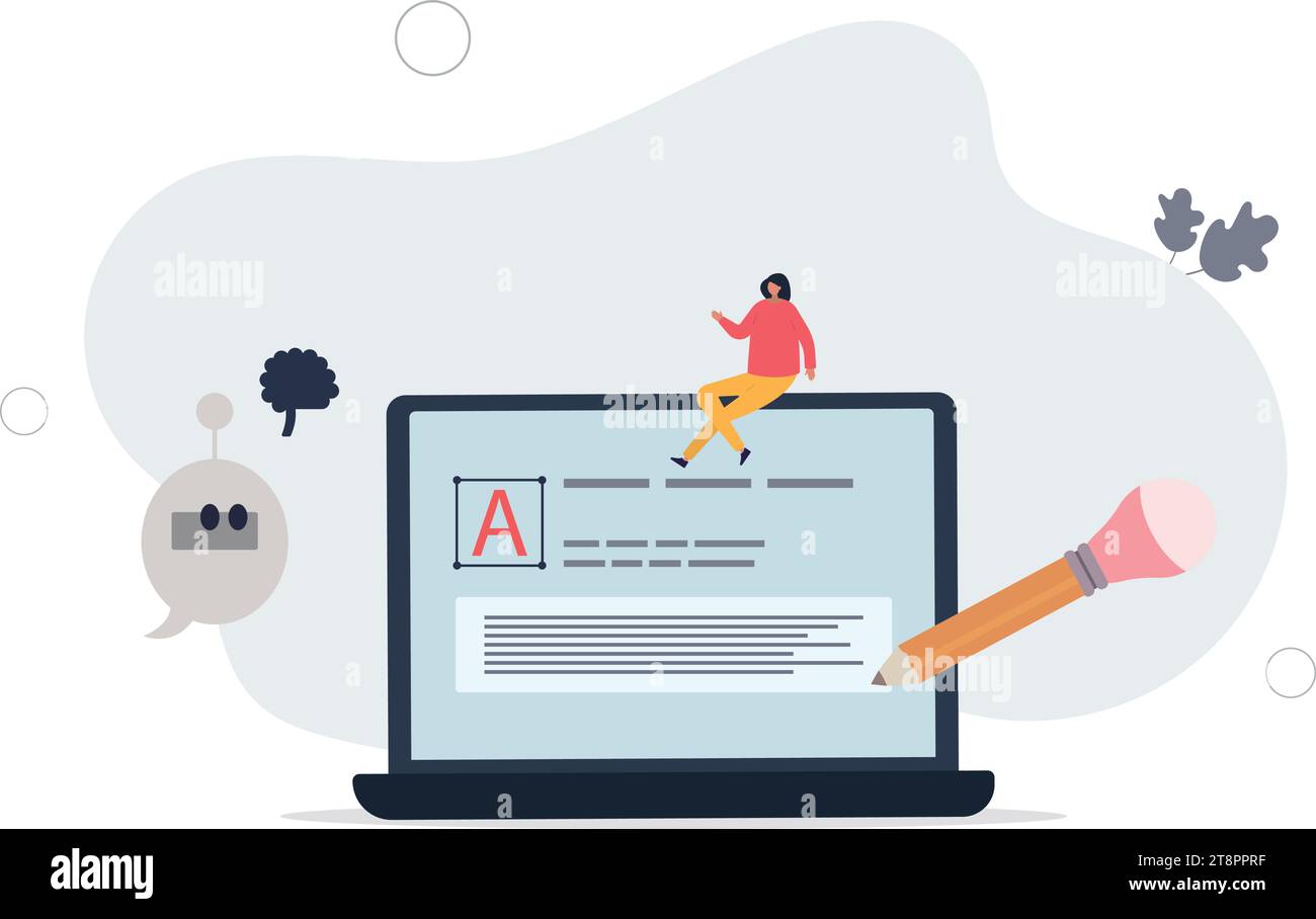 Virtual writing tutor and digital AI assistant for text.Creative artificial intelligence support for innovative book or document .flat vector illustra Stock Vector