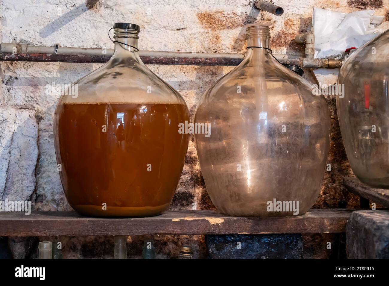View of old fashioned wine cellar with glass storage for wine during