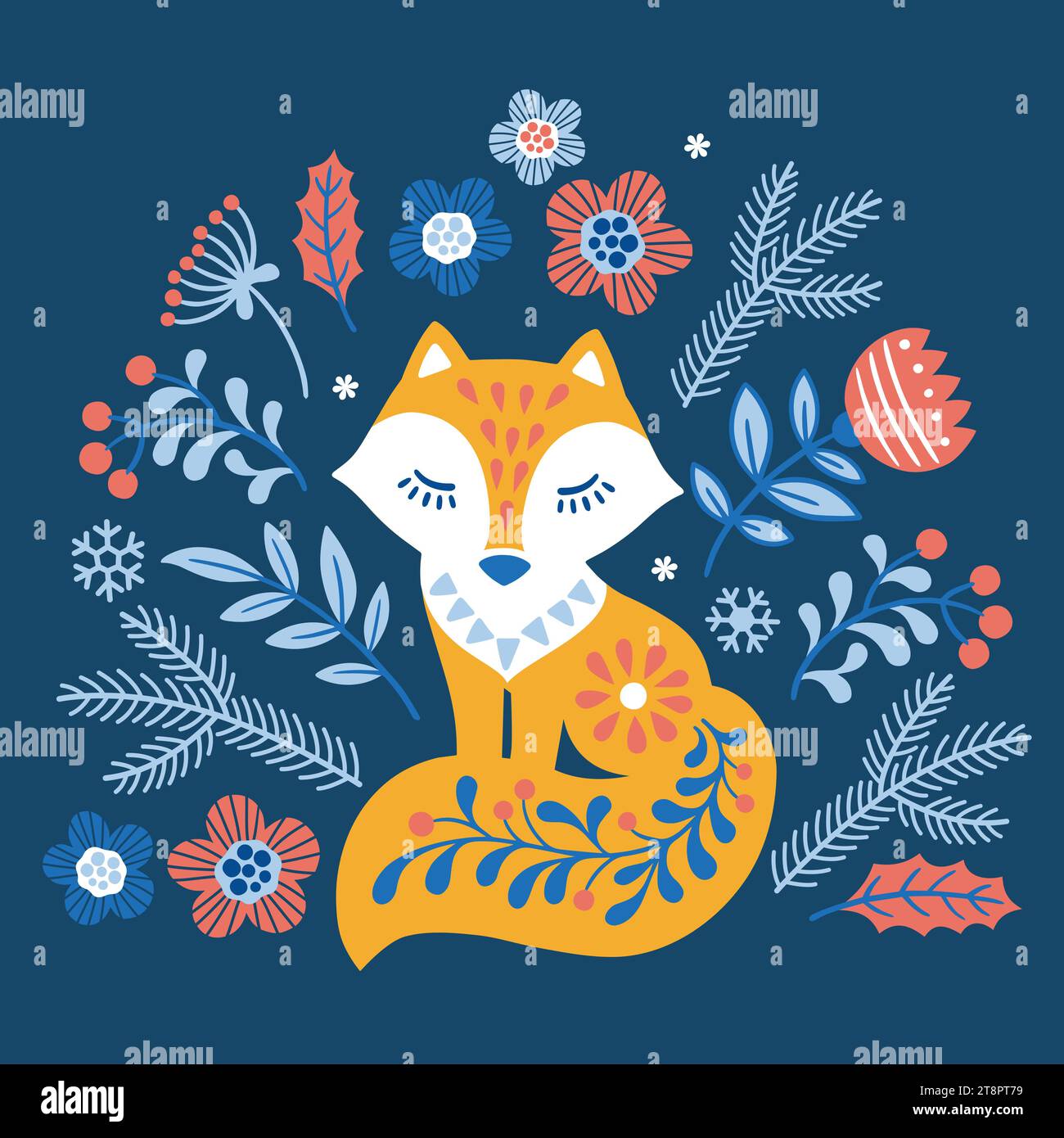 Vector hand drawn illustration of animals in Nordic style lagom. Silhouette of red patterned fox among flowers on dark blue background Stock Vector