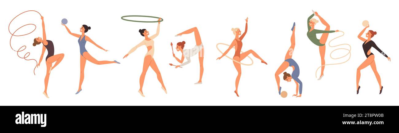 Artistic gymnasts. Cartoon female athletes. Acrobatic girls. Flexible ...