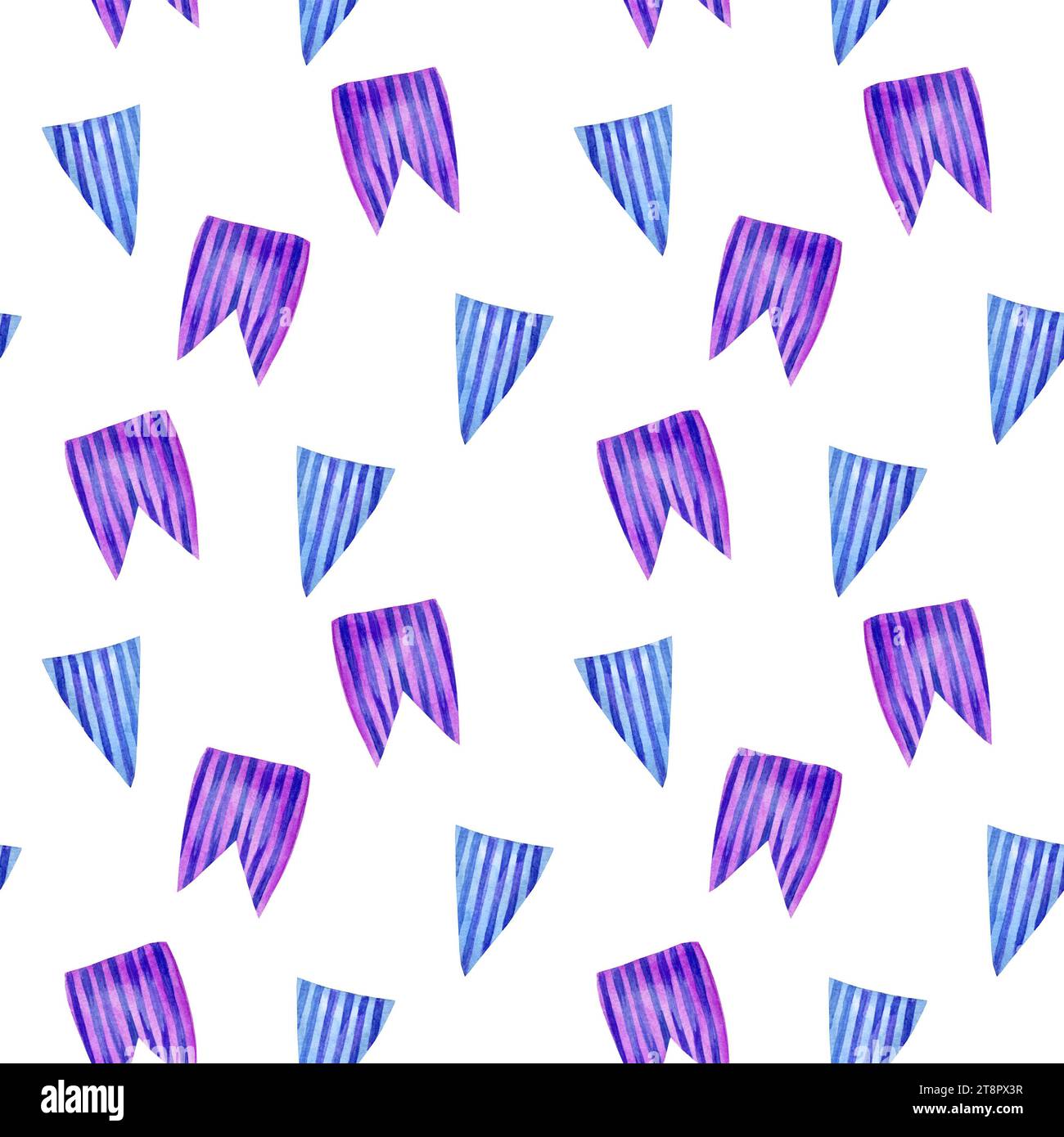 Watercolor seamless pattern with different striped flags, hand drawn illustration of garland of blue, purple flags isolated on white background. Decor Stock Photo