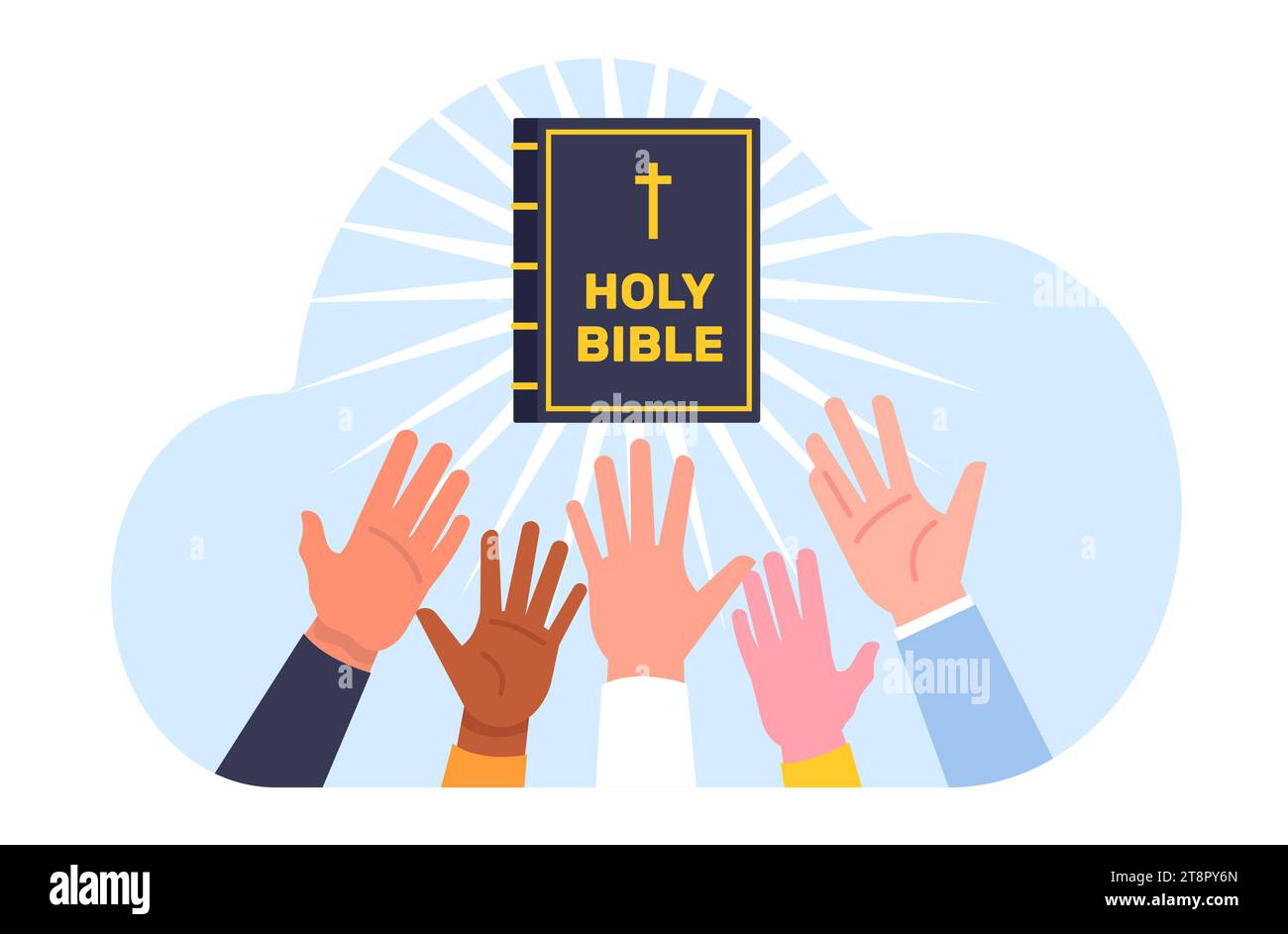 Religious knowledge. Hands reaching for holy bible. Christianity