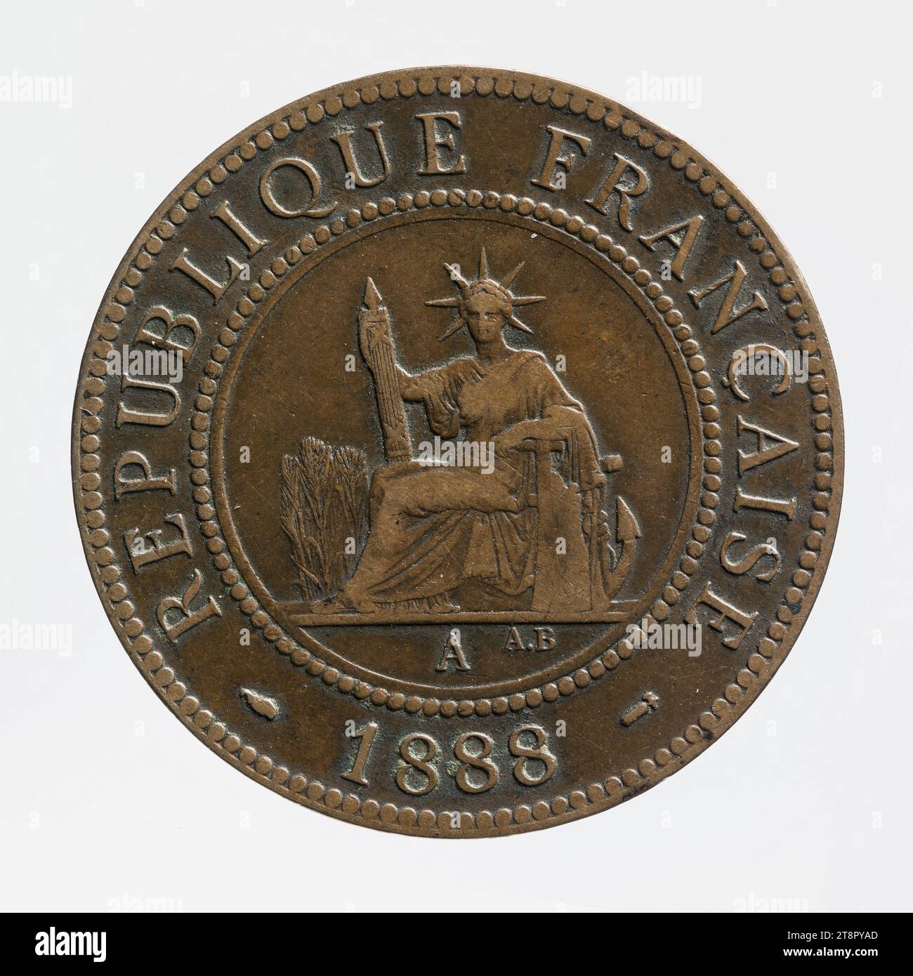 Coin of 1 centime in bronze of French Indochina, 1888, Barre, Jean-Auguste, Array, Numismatique, Monnaie, Paris, Dimensions - Work: Diameter: 3.1 cm, Weight (type size): 9.98 g Stock Photo