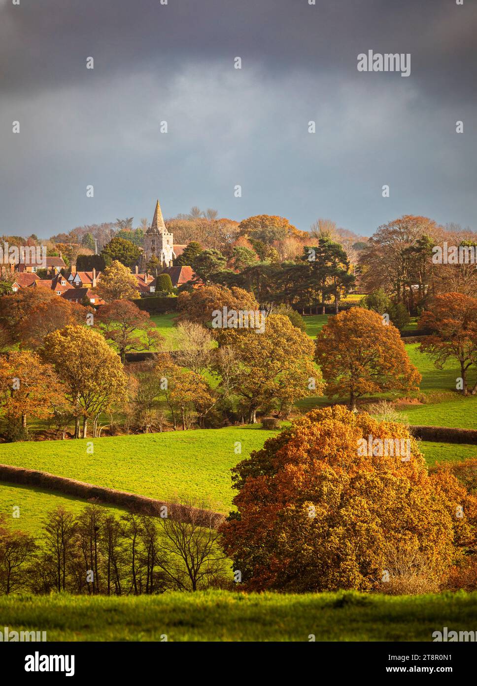 Dallington church and autumn countryside on the high weald in east Sussex south east England UK Stock Photo