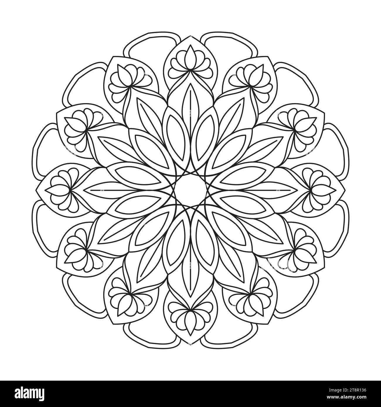 Tranquil Tales kids mandala colouring book page for KDP book interior. Peaceful Petals, Ability to Relax, Brain Experiences, Harmonious Haven, Peaceful Stock Vector