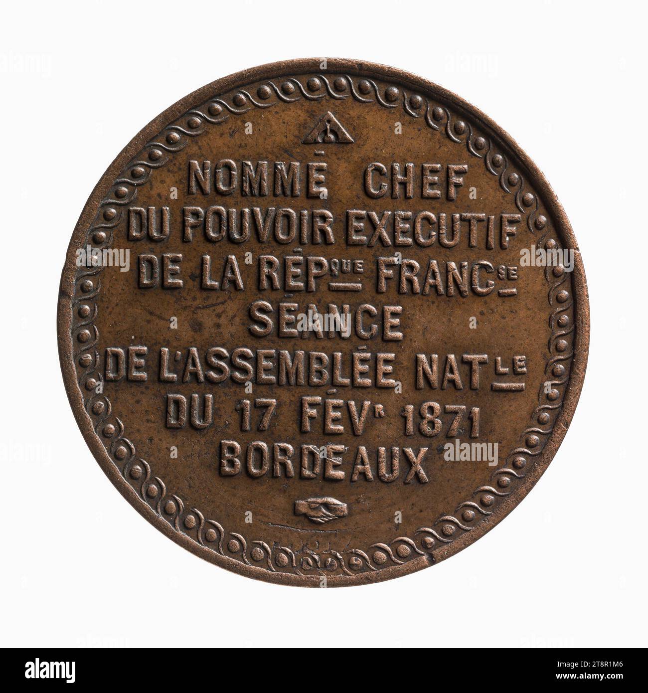 Adolphe Thiers swears the maintenance of the French Republic to the National Assembly, March 27, 1871, In 1871, Numismatic, Medal, Copper, Dimensions - Work: Diameter: 2.7 cm, Weight (type dimension): 9.56 g Stock Photo
