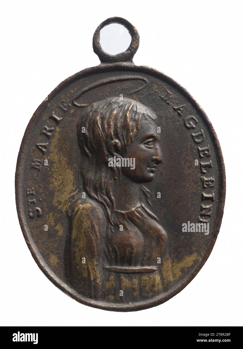 Saint Mary Magdalene, 19th century, Numismatic, Medal, Copper, Gilt = gilding, Dimensions - Work: Height: 2.6 cm, Width: 2.2 cm, Weight (type dimension): 5.87 g Stock Photo