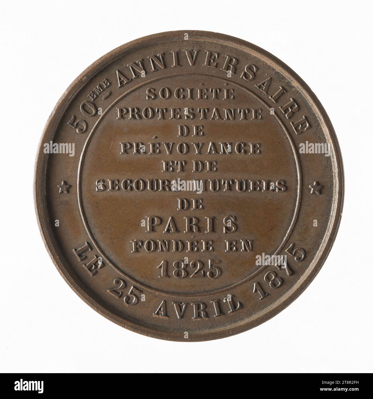 Celebration of the 50th anniversary of the Protestant Society of Providence and Mutual Aid of Paris, 1825, In 1825, Numismatic, Token (numismatic), Copper, Dimensions - Work: Diameter: 3.6 cm, Weight (type dimension): 19.95 g Stock Photo