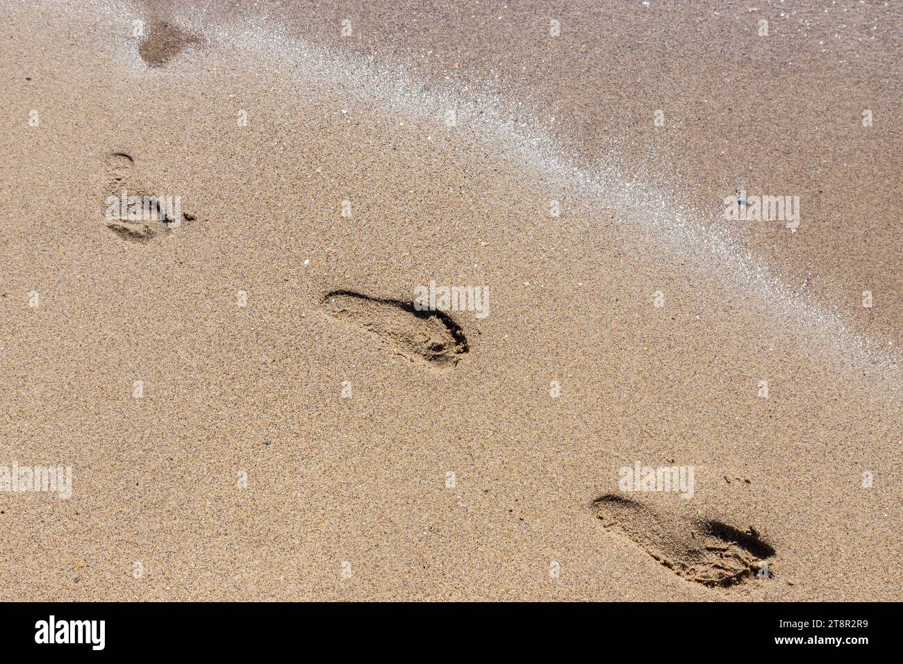 Footprints of a man on the yellow beach sand from walking barefoot by the sea with water that washes away the footprints. Contemplation of life Stock Photo