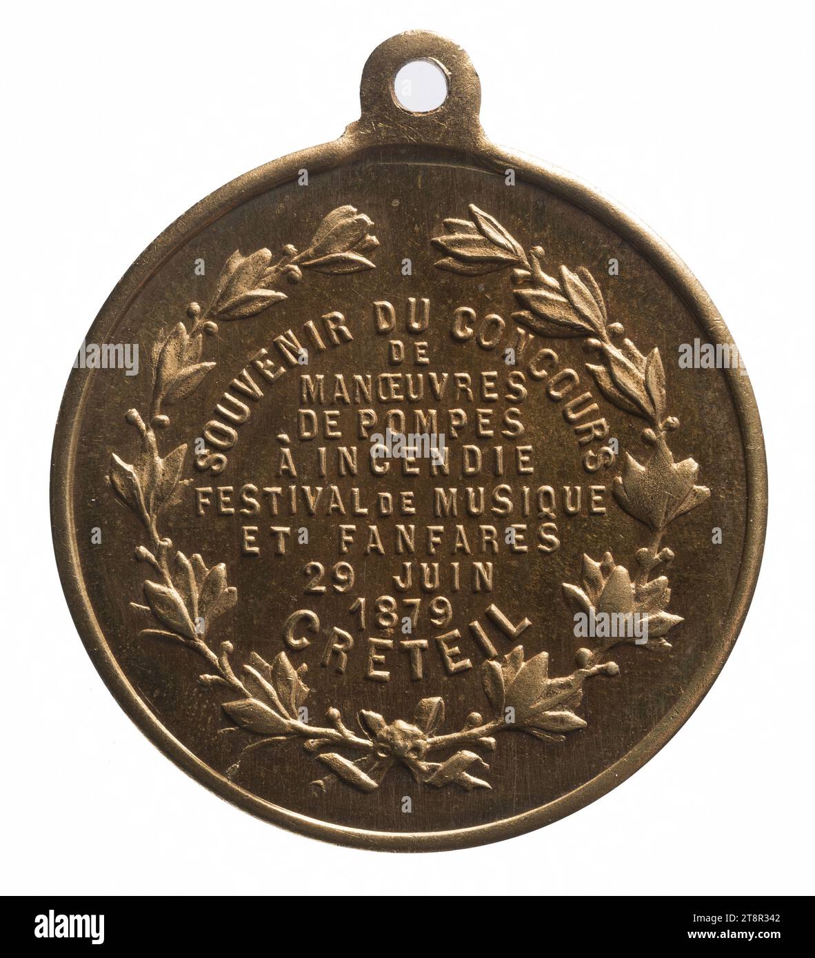 Competition of maneuvers of fire pumps in Creteil, June 29, 1879, In 1879, Numismatic, Medal, Copper, Gilt = gilding, Dimensions - Work: Diameter: 3.3 cm, Weight (type dimension): 8.94 g Stock Photo