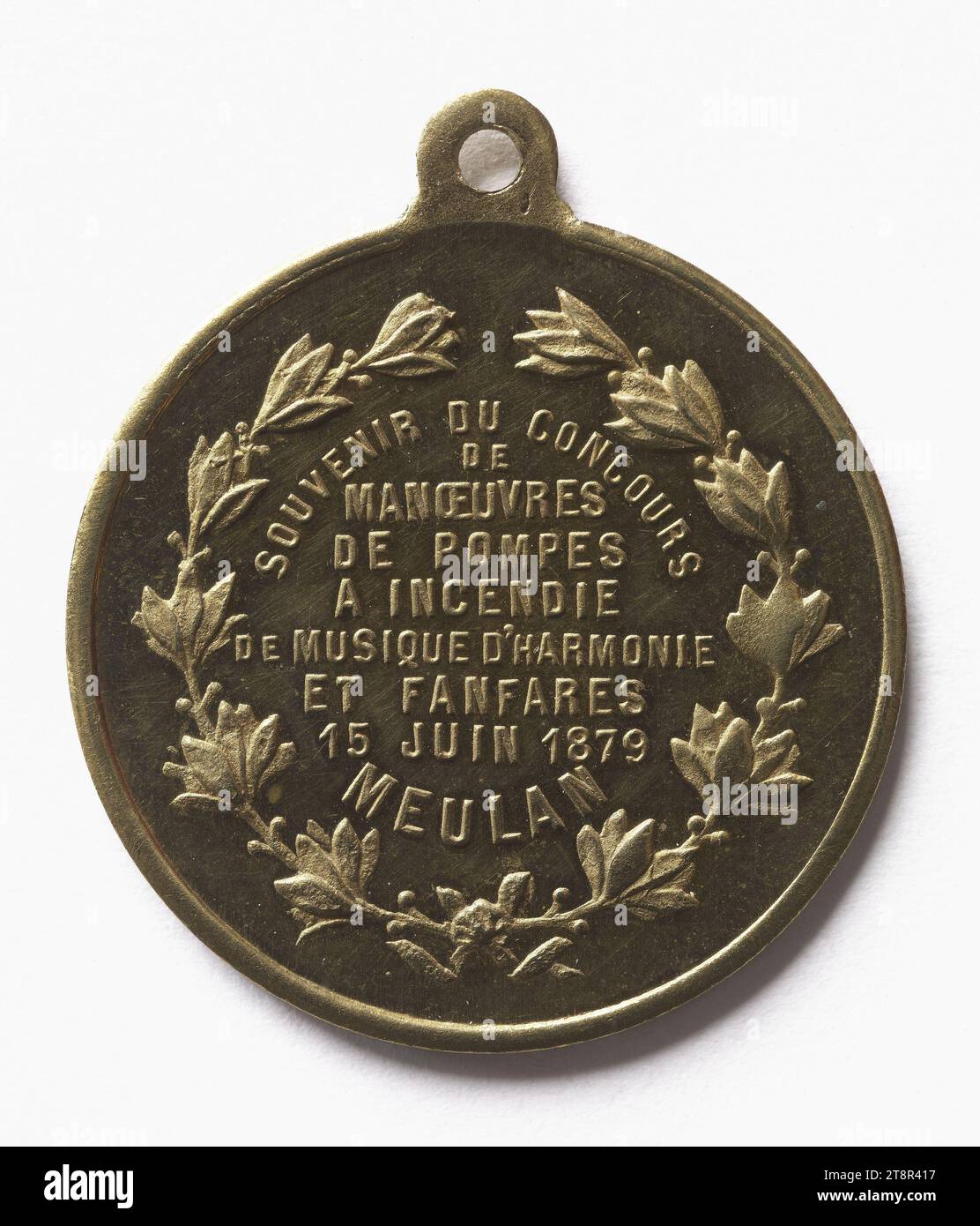 Souvenir of the fire pump drill contest in Meulan, June 15, 1879, Array, Numismatic, Medal, Copper, Gilt = gilding, Dimensions - Work: Diameter: 3.3 cm, Weight (type dimension): 8.7 g Stock Photo