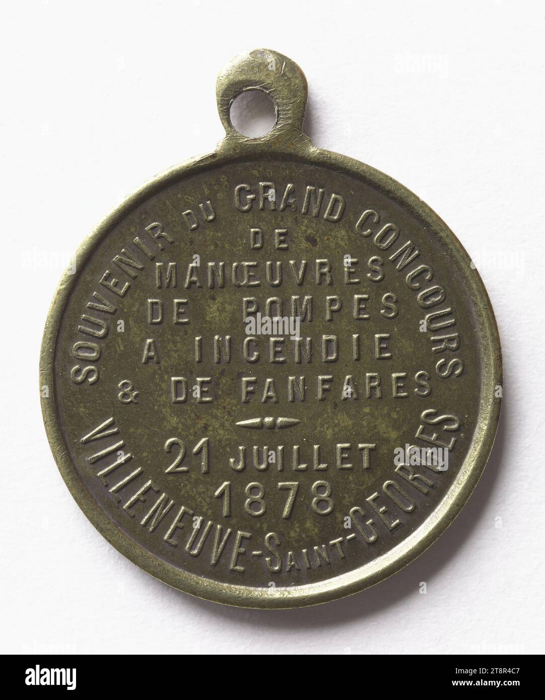 Souvenir of the great contest of maneuvers of fire pumps and brass bands in Villeneuve-Saint-Georges, July 21, 1878, In 1878, Numismatic, Medal, Copper, Silver plated = silver plating, Sizes - Work: Diameter: 3.2 cm, Weight (type size): 8.37 g Stock Photo