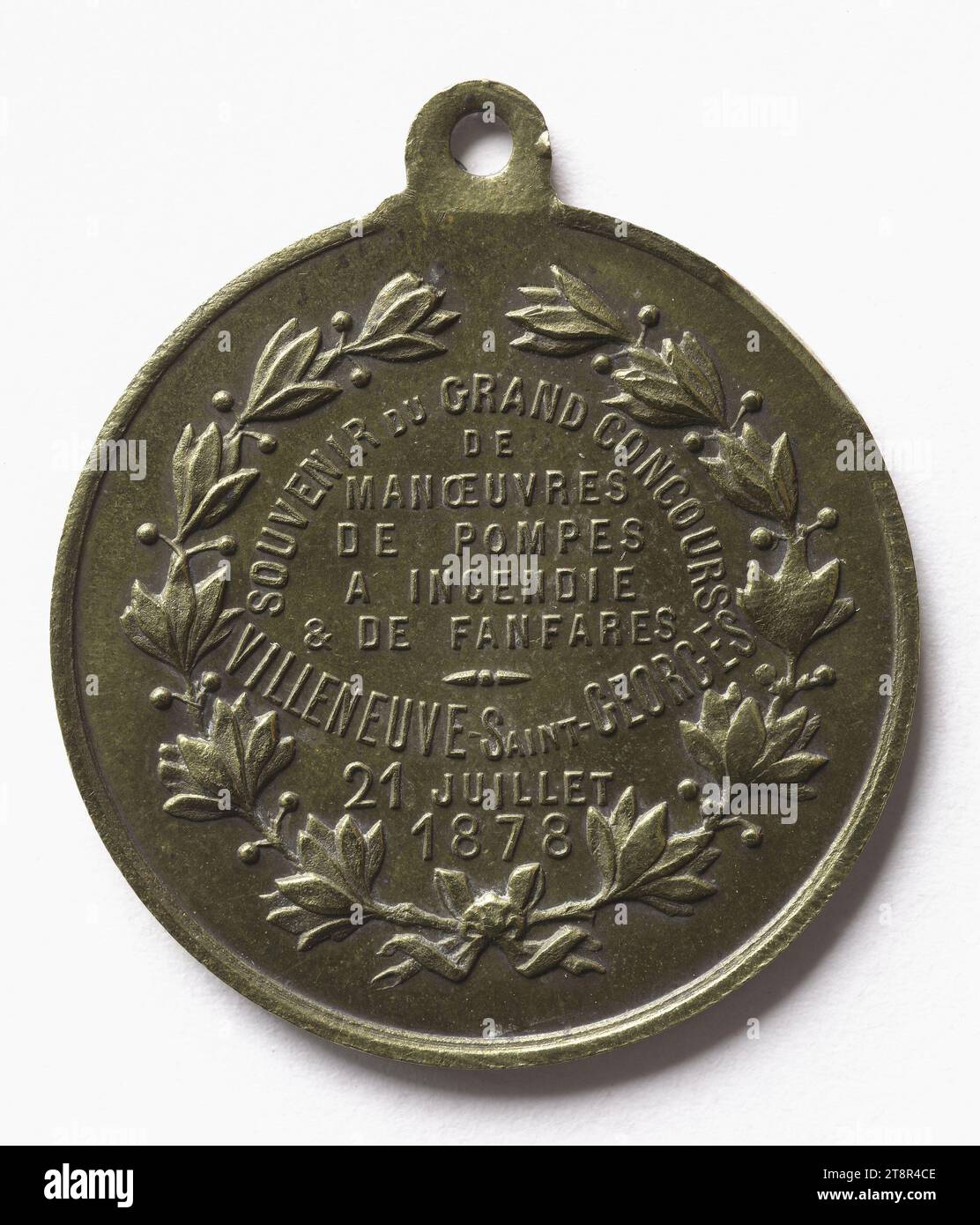 Souvenir of the great contest of maneuvers of fire pumps and brass bands in Villeneuve-Saint-Georges, July 21, 1878, In 1878, Numismatic, Medal, Copper, Silver plated = silver plating, Sizes - Work: Diameter: 3.2 cm, Weight (type size): 8.37 g Stock Photo