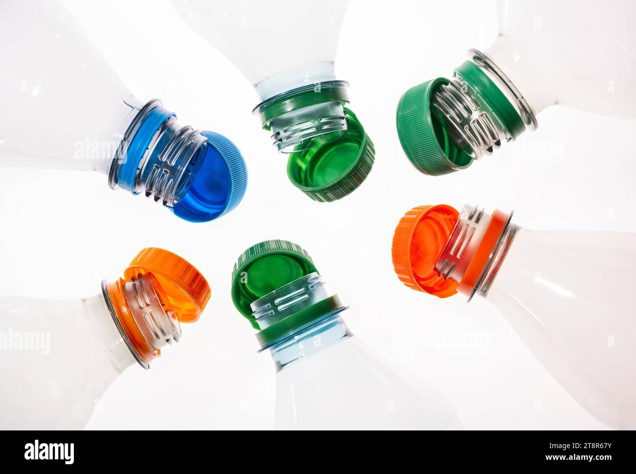 Plastic bottles with tethered caps in different colors Stock Photo
