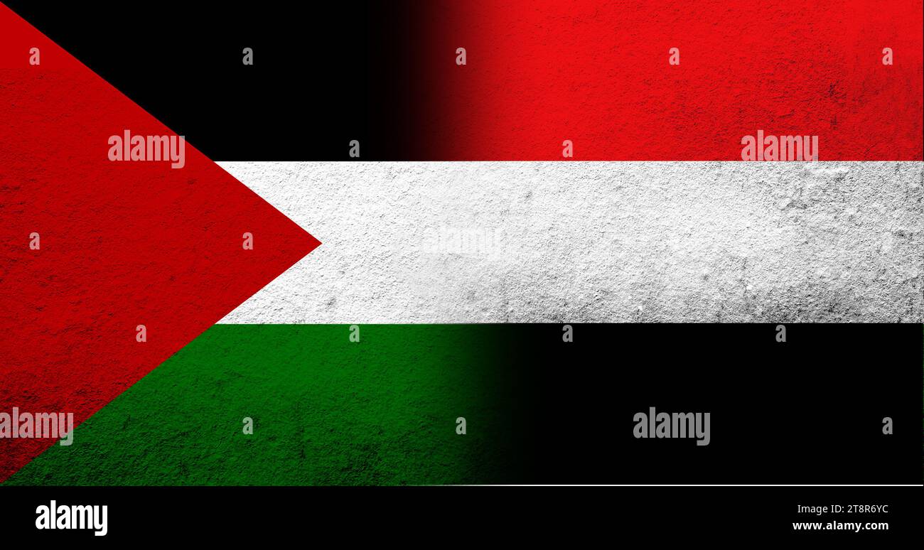 Flag of Palestine and National flag of Yemen. Grunge background Stock Photo