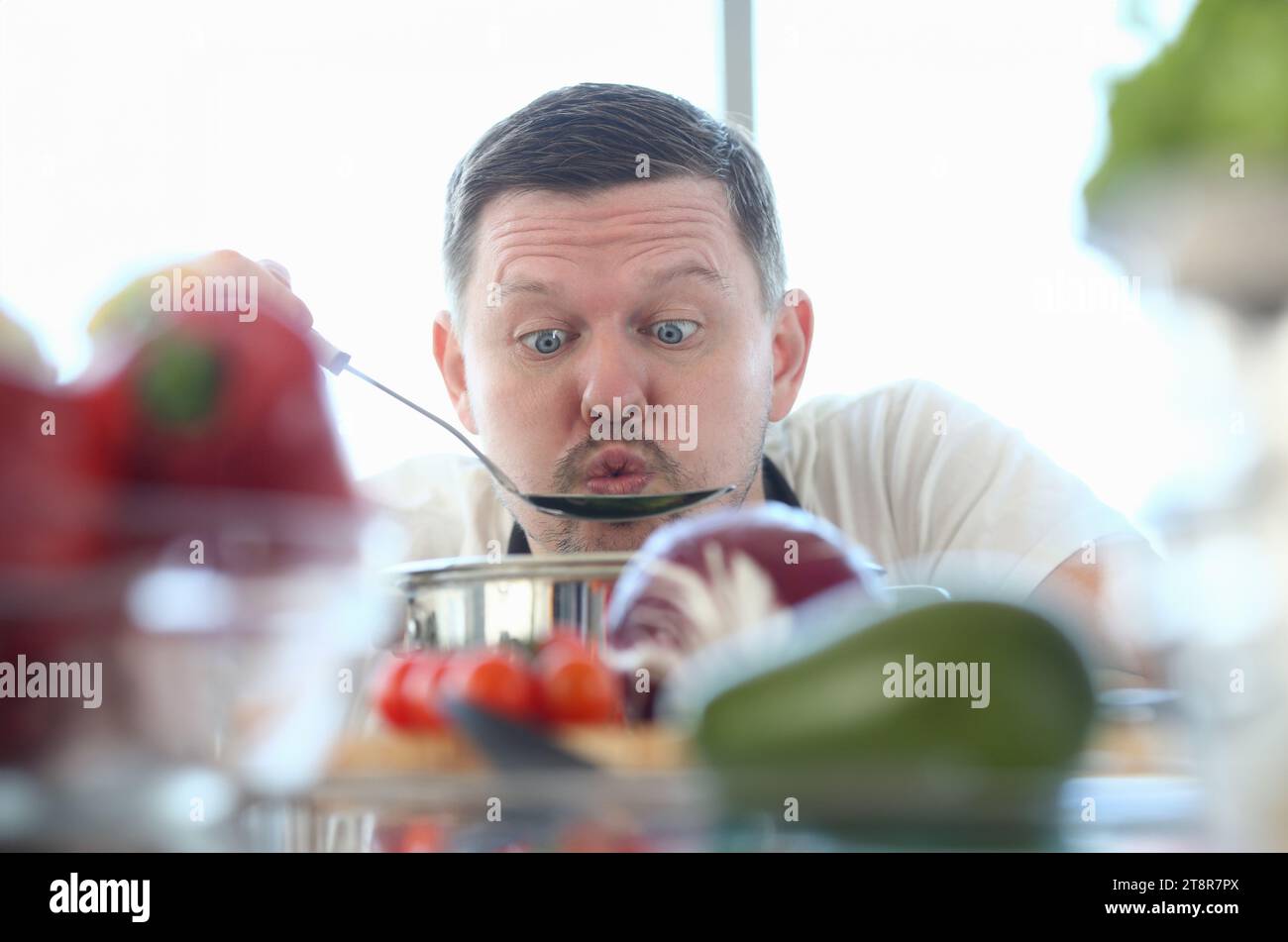 Funny Face Vlogger Chef Blowing Kitchen Spoon Stock Photo