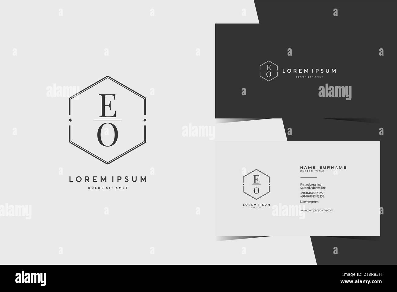 simple EO hexagon initials logo monogram with minimalist business card vector design template Stock Vector