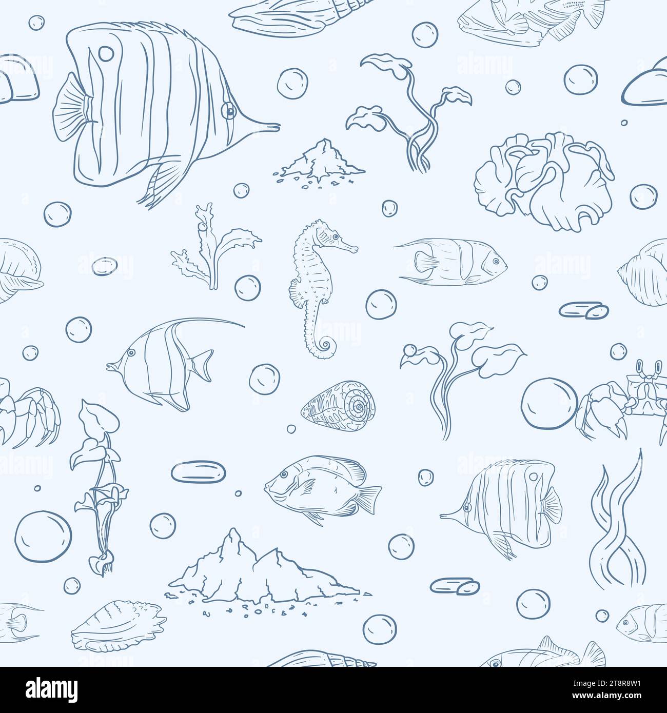 Seamless vector pattern for gift paper with underwater world, marine life, fish and seashells Stock Vector