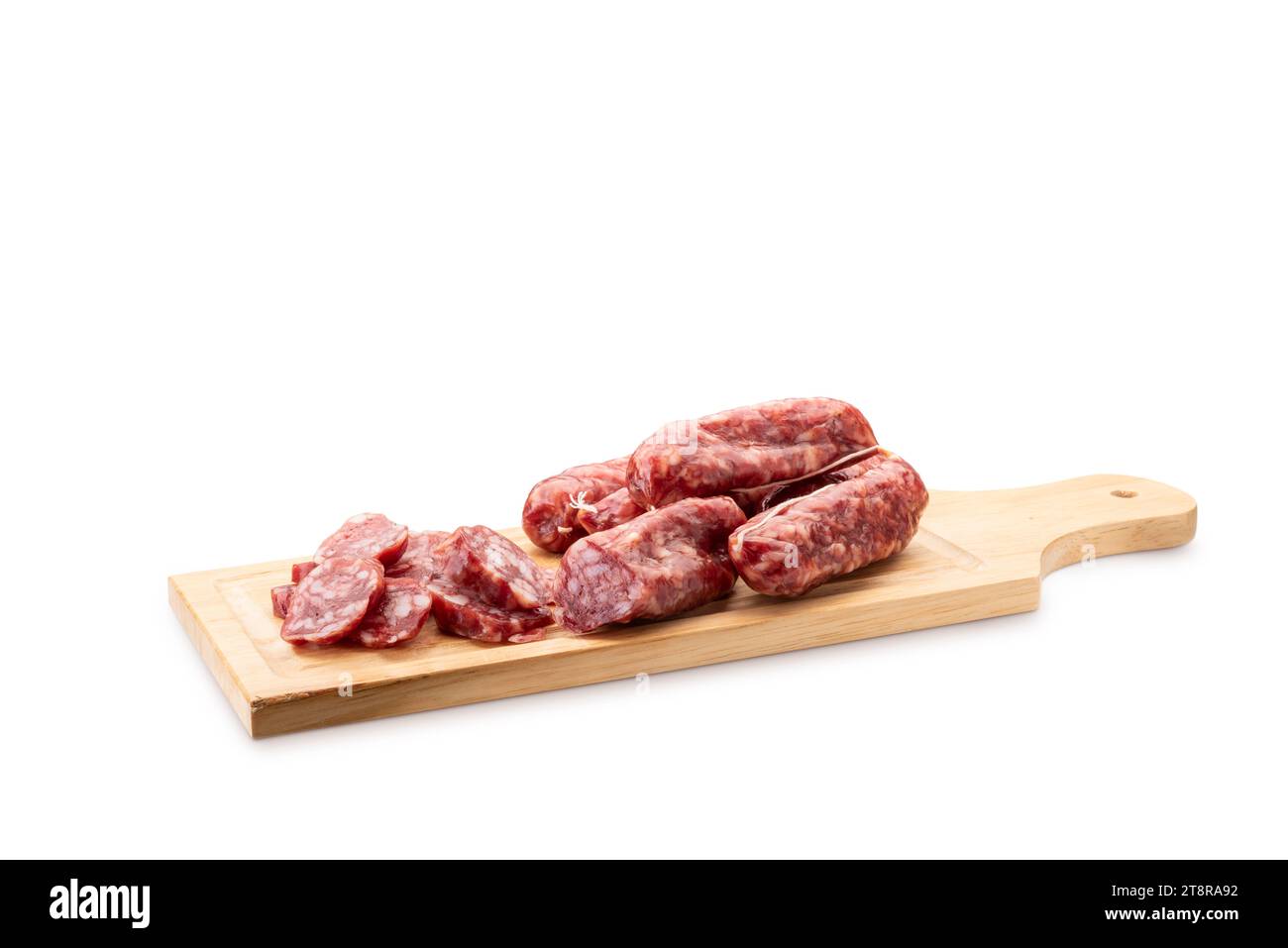 Sliced italian salami on cutting board isolated on white background, Stock Photo