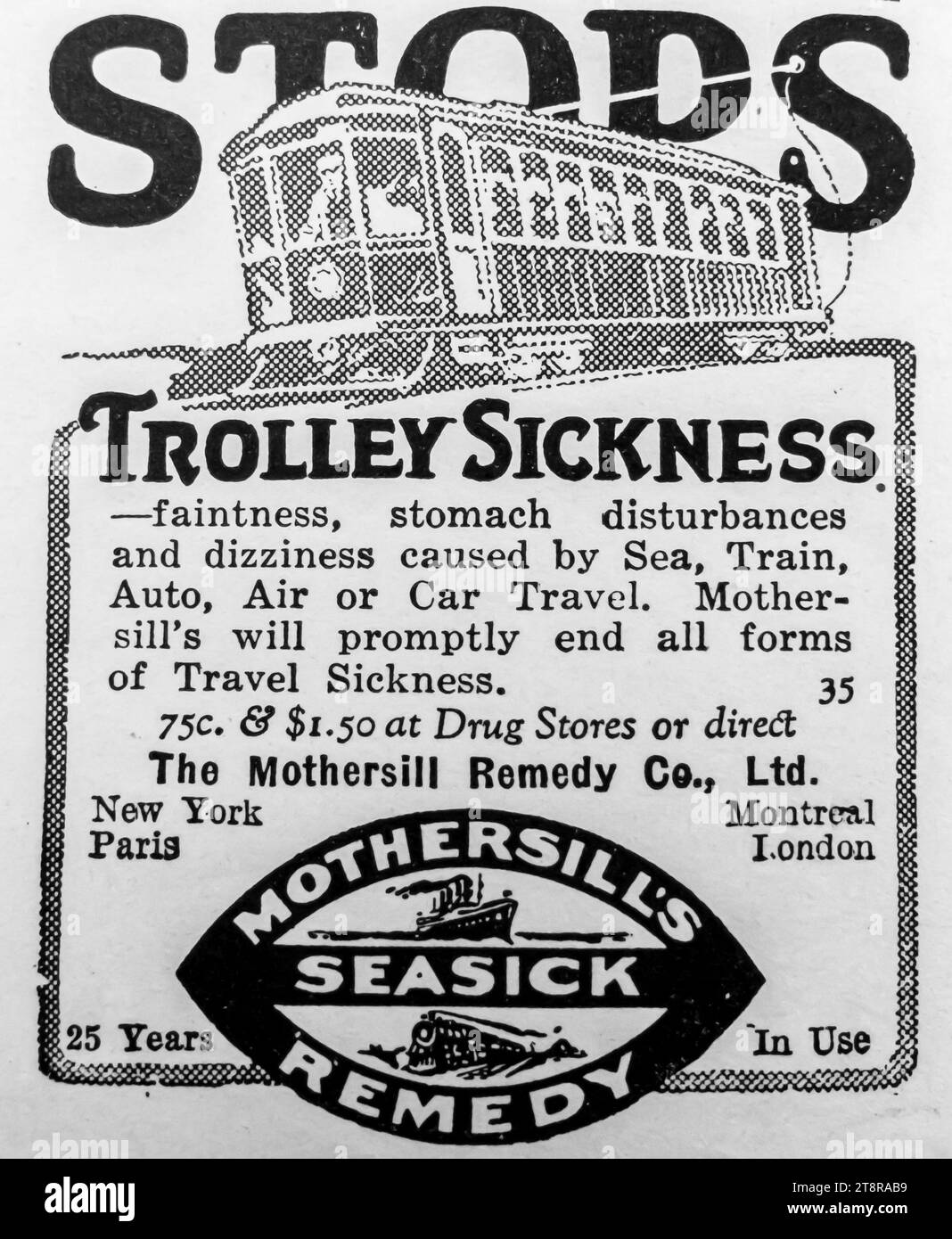 1926 Stops trolley sickness - Mothersill's seasick remedy ad Stock Photo