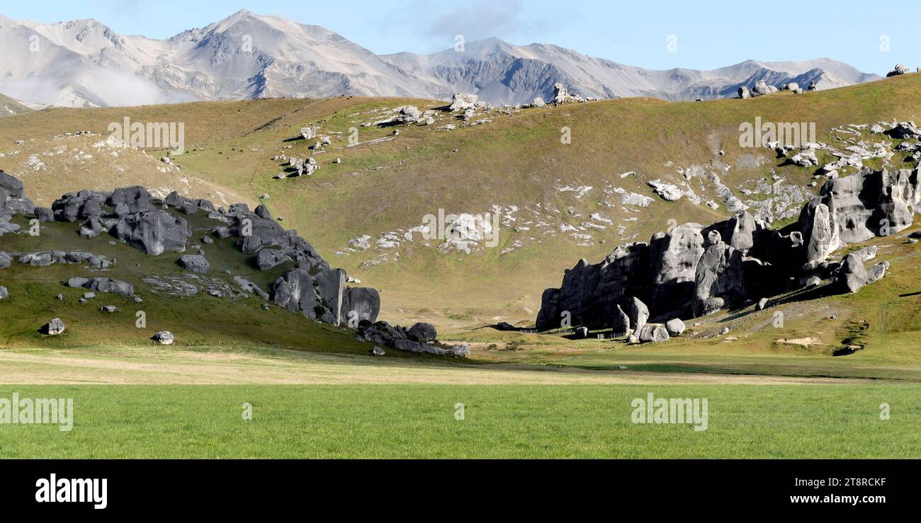 Castle Hill Canterbury. NZ, Castle Hill is a location and a high country station in New Zealand's South Island. It is located at an altitude of 700 metres, close to State Highway 73 between Darfield and Arthur's Pass. It is private property and located within the Kura Tawhiti Conservation Area Stock Photo