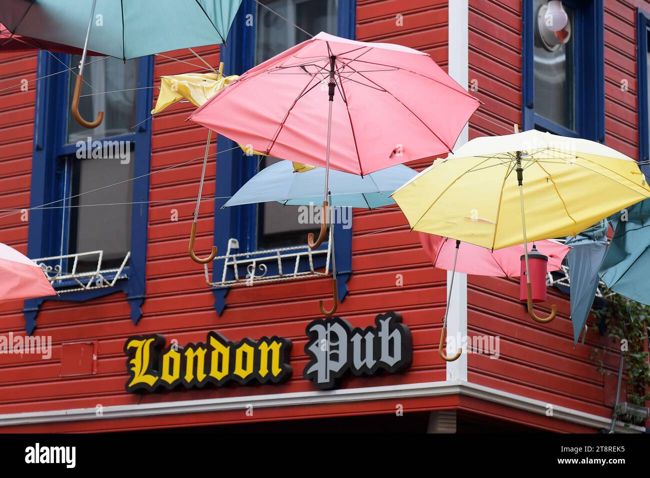 Istanbul, Turkey. The Kadıköy district on the Asian side of Istanbul. Colorful and styled umbrellas hang on street in Kadikoy Stock Photo