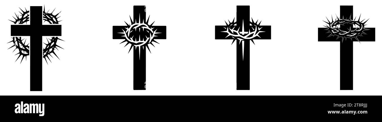 Christian cross with crown of thorns icon. Set of black silhouettes of a Christian symbols. Crucifixion of Jesus Christ. Vector illustration Stock Vector