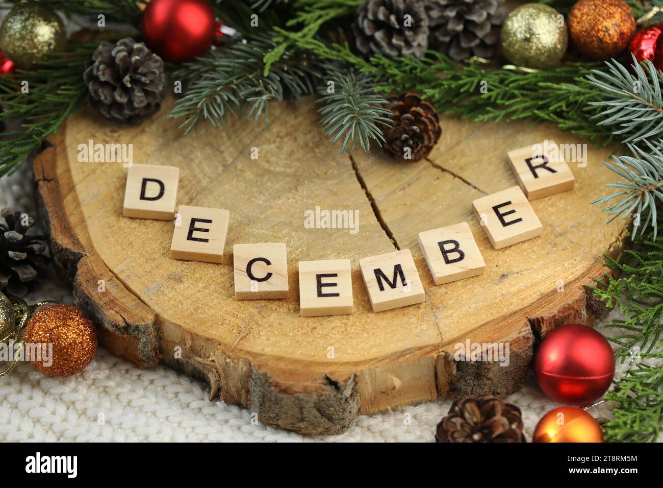 Wooden background with christmas decoration and text Stock Photo