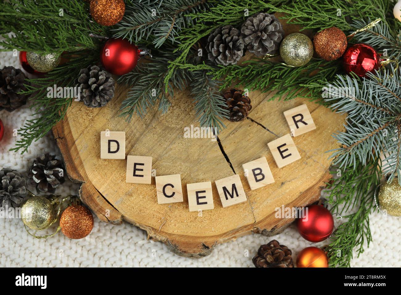 Wooden background with christmas decoration and text Stock Photo