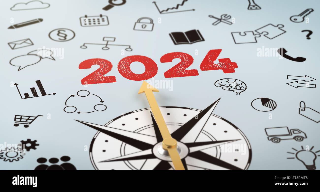 A compass with icons - 2024 Stock Photo