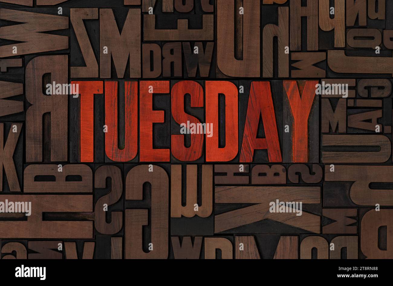 Retro letterpress wood type printing blocks - Tuesday Stock Photo