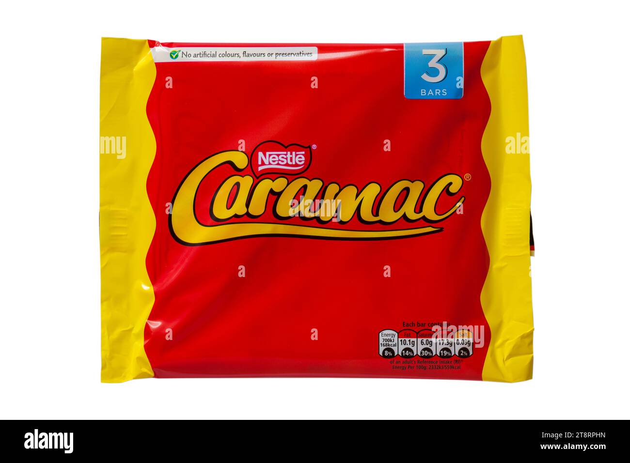 multi pack multipack of Nestle Caramac chocolate bars isolated on white background - looking down on from above Stock Photo